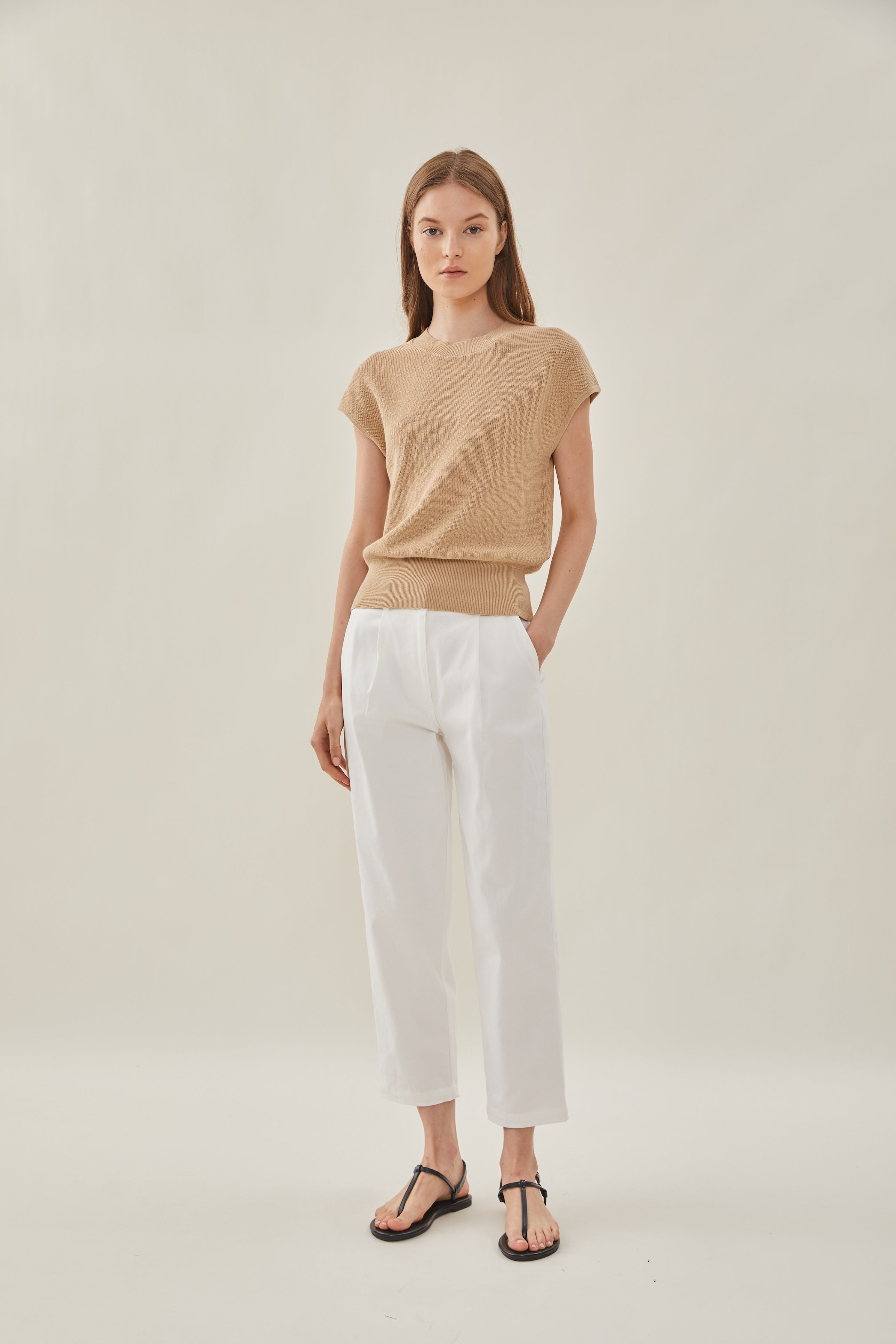 High Neck Cap Sleeve Top in Tan