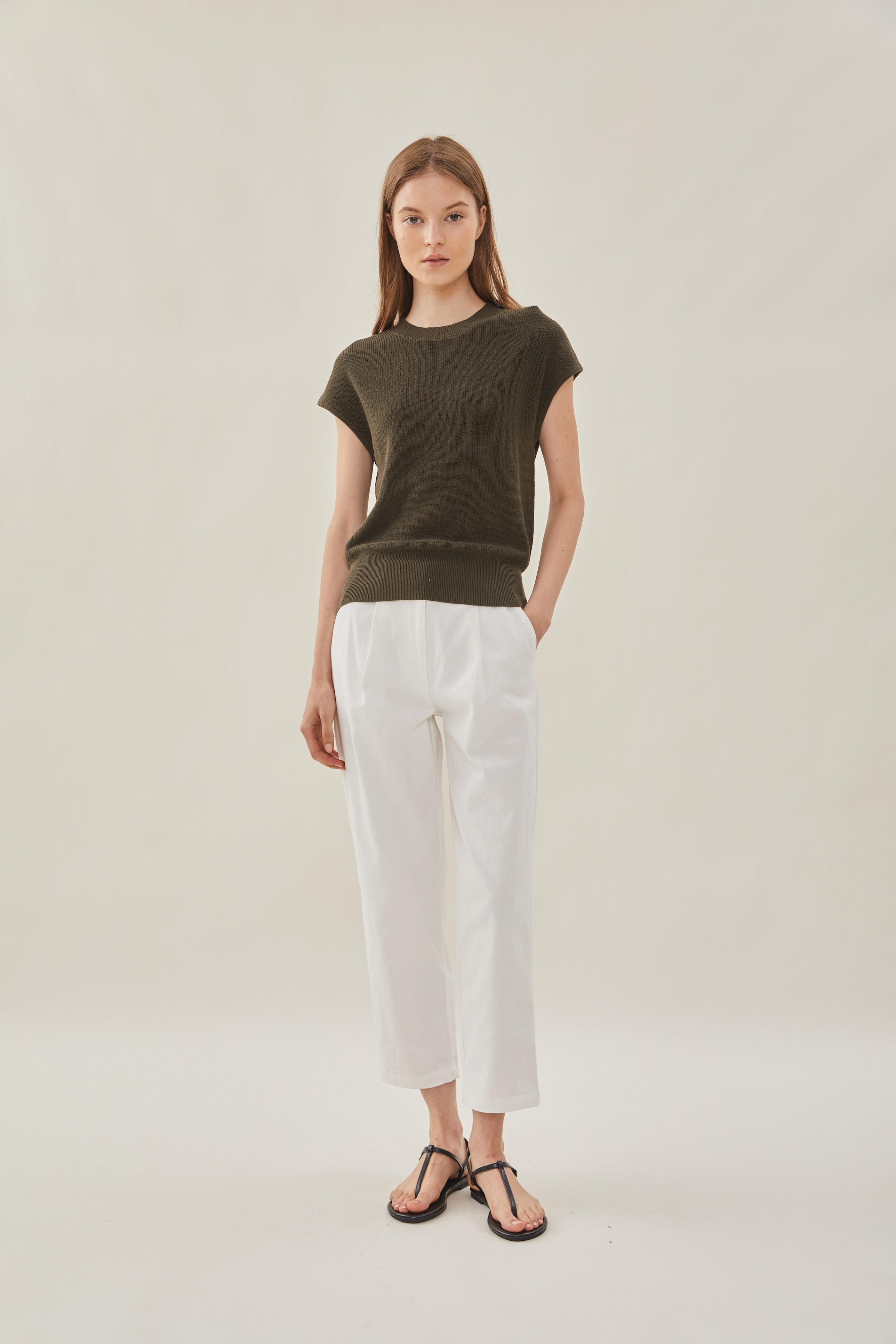 High Neck Cap Sleeve Top in Moss