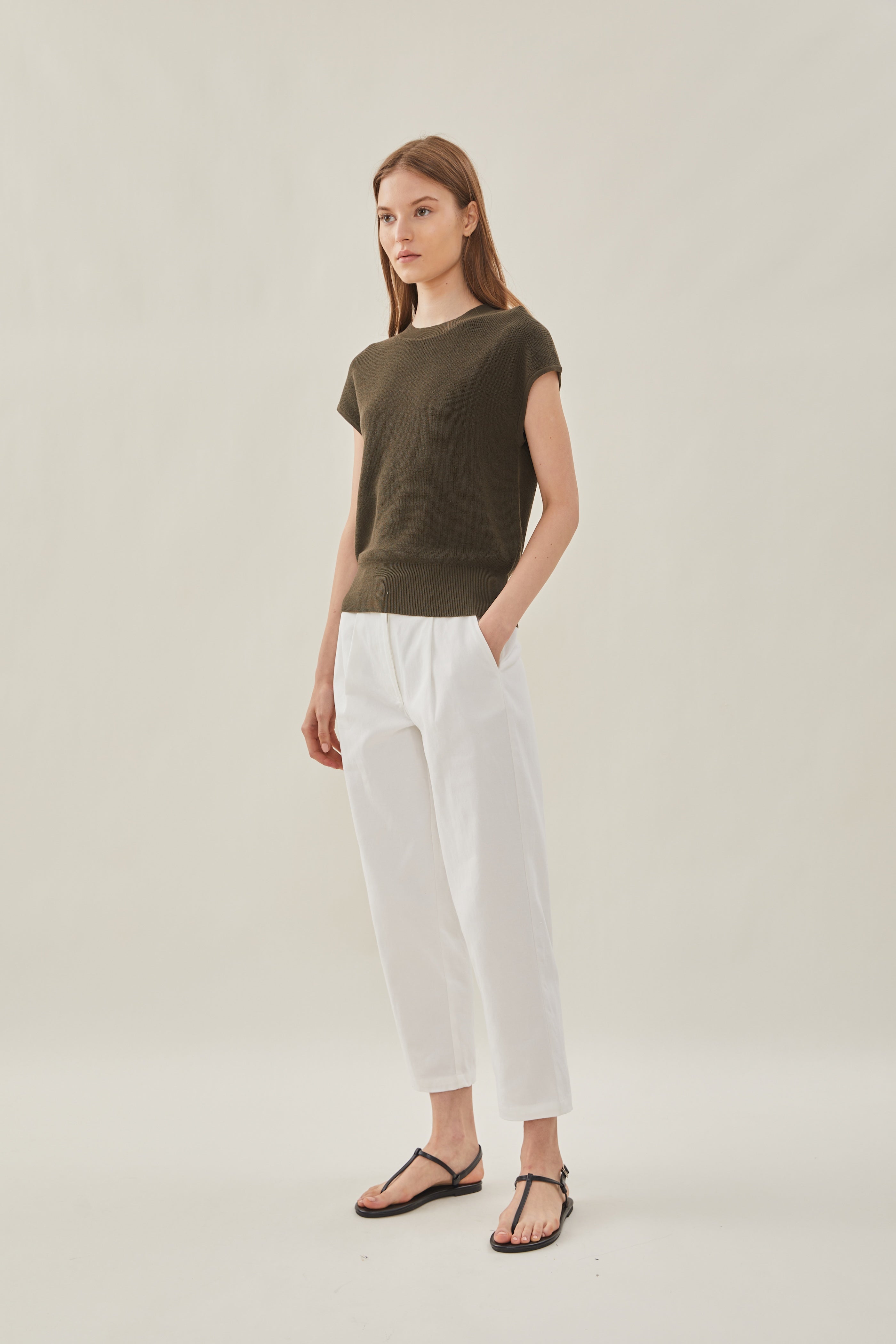 High Neck Cap Sleeve Top in Moss