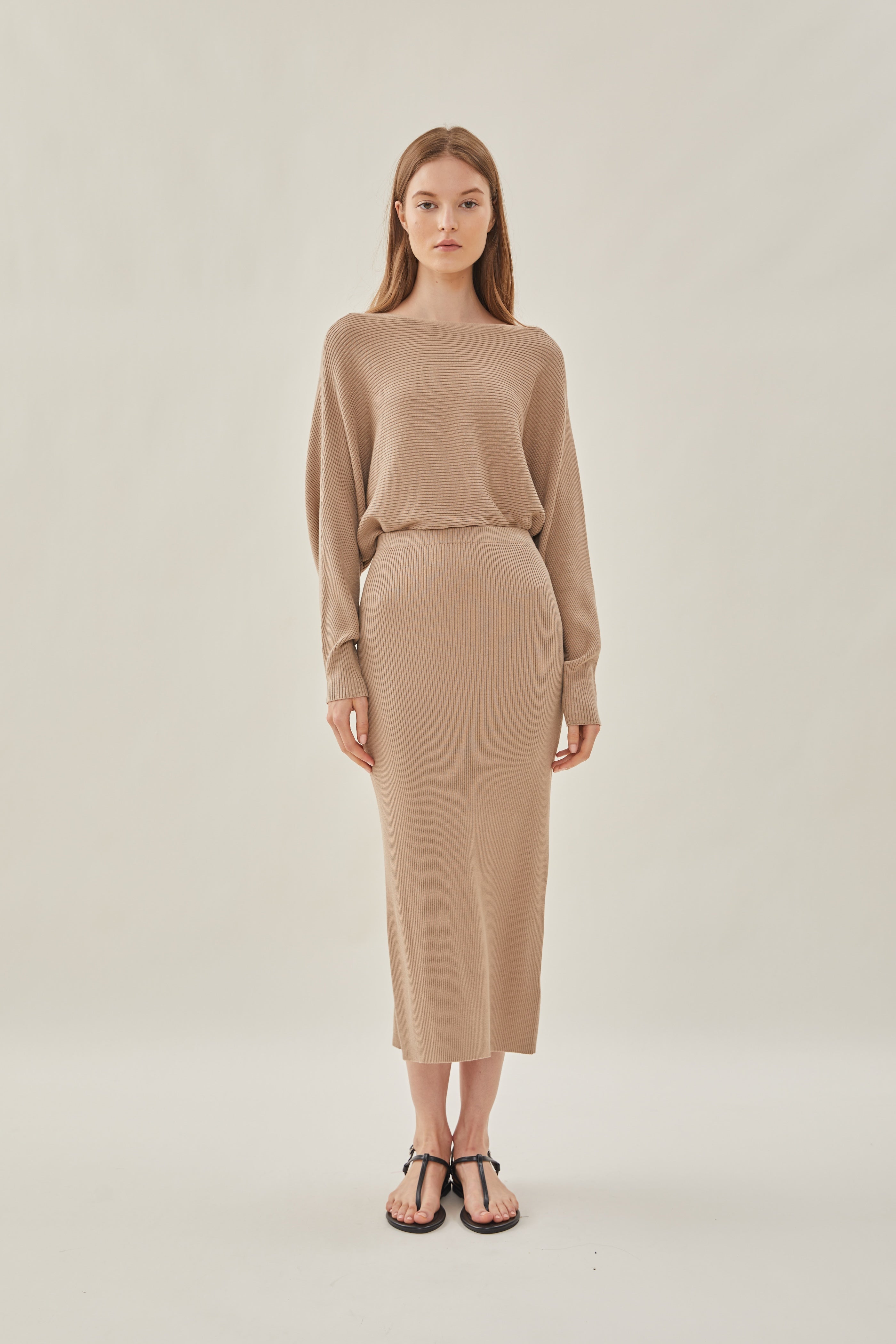 Knit Midi Skirt with Slit in Hay