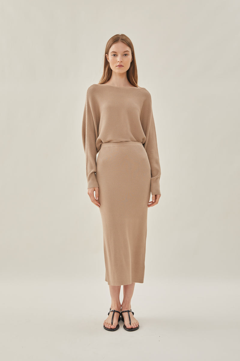 Knit Midi Skirt with Slit in Hay