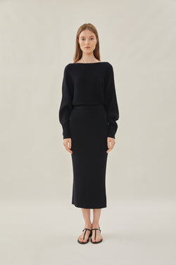 Knit Midi Skirt with Slit in Black
