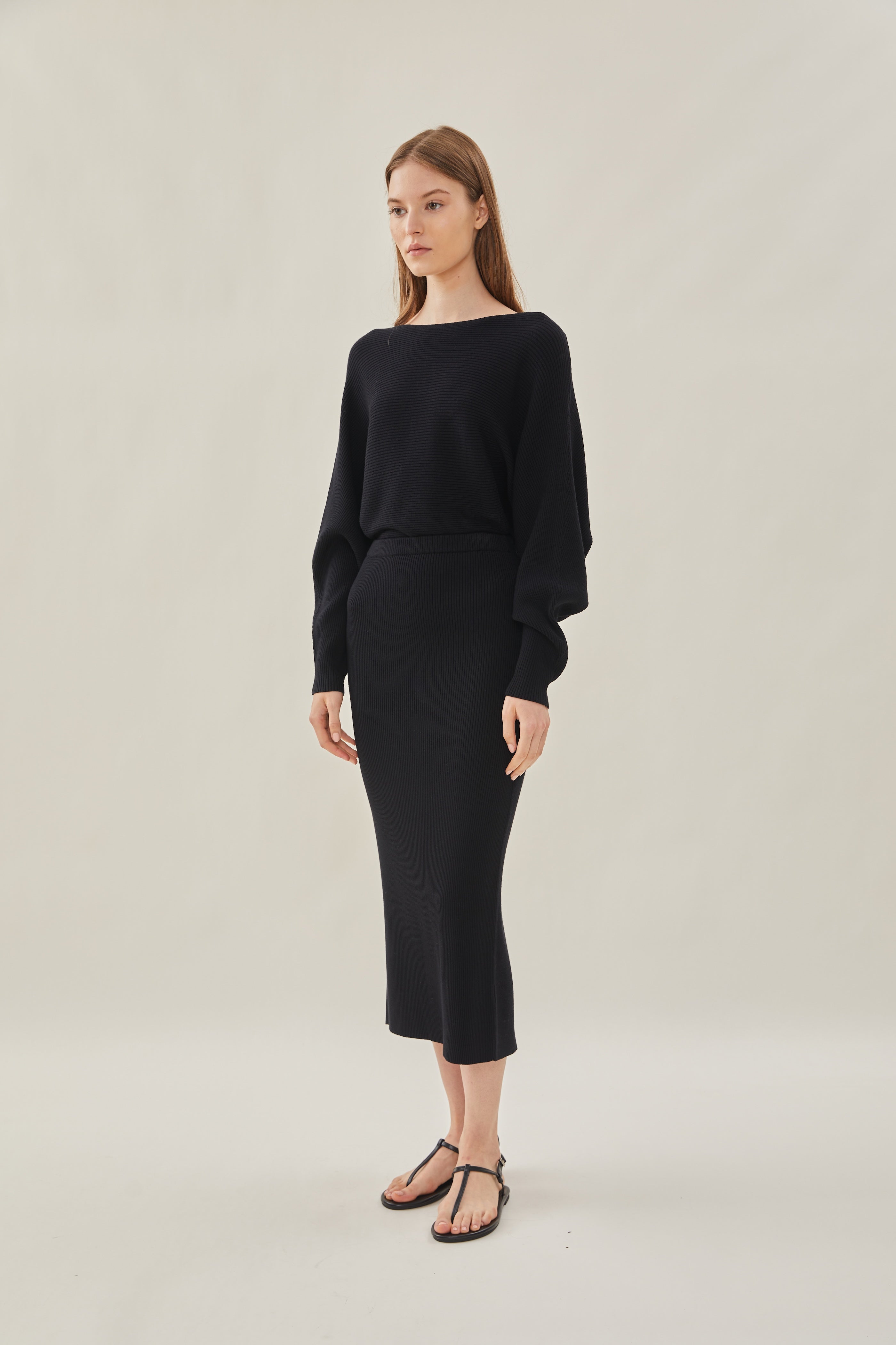 Knit Midi Skirt with Slit in Black