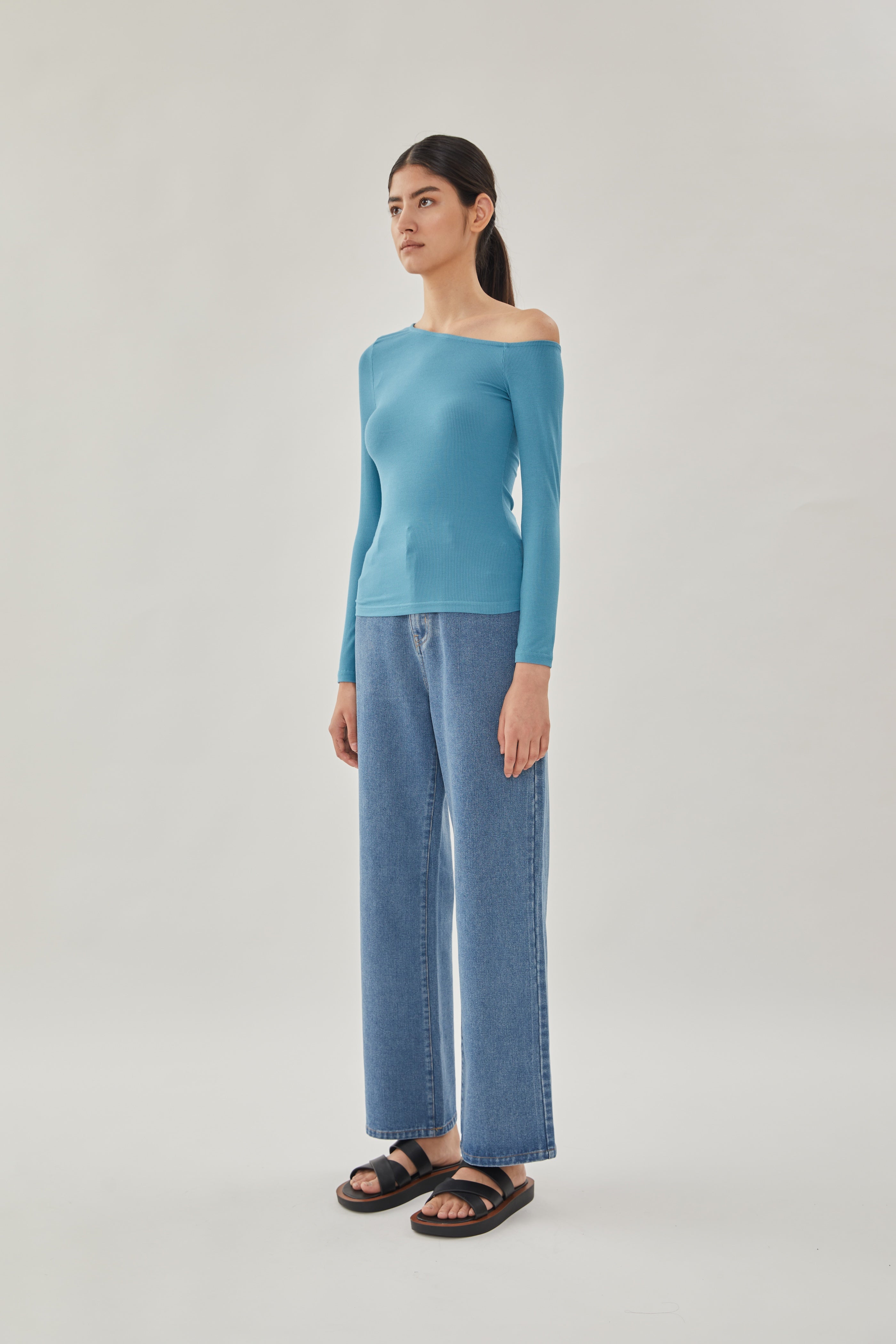 Asymmetrical Rib Top in Stone Blue