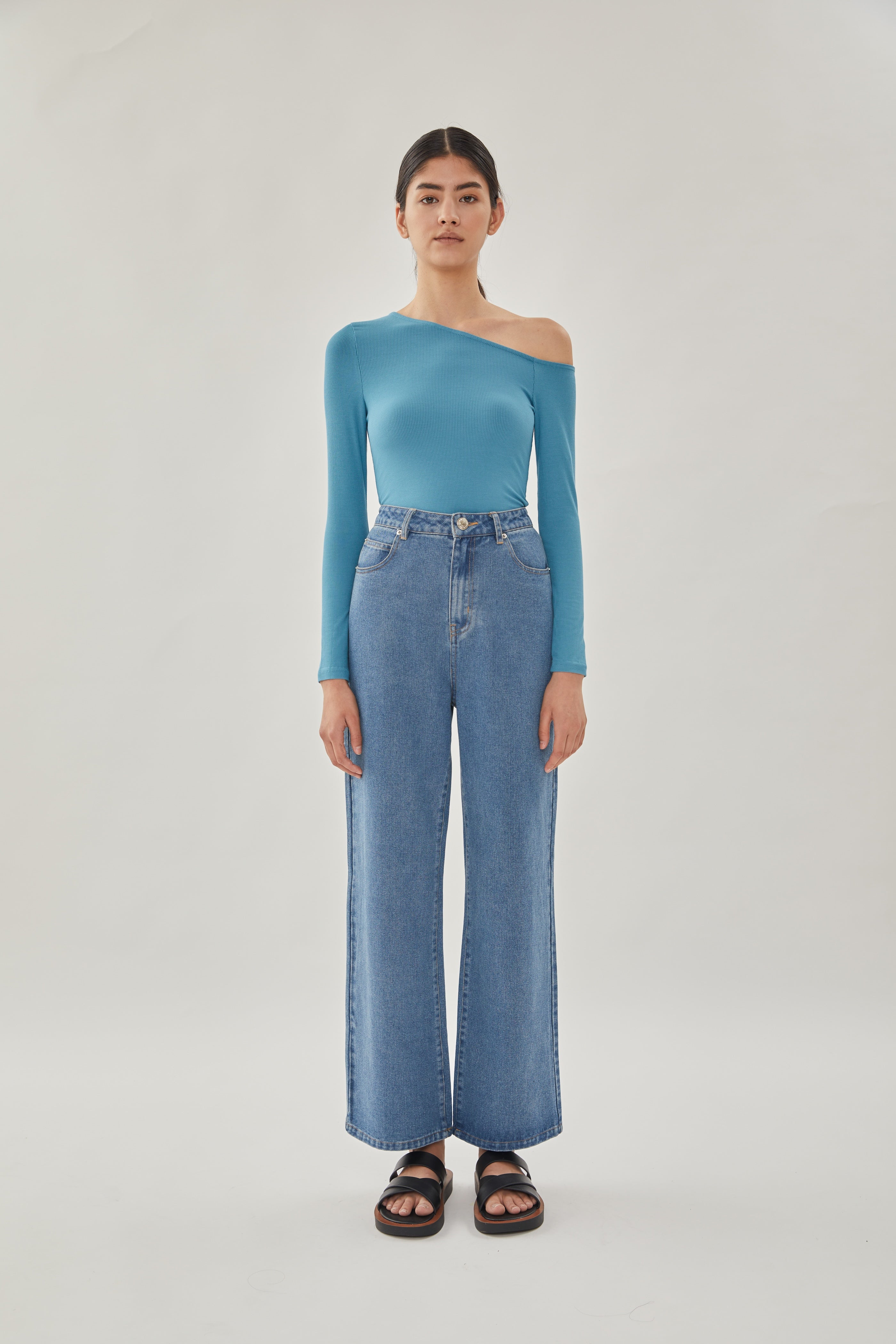 Asymmetrical Rib Top in Stone Blue