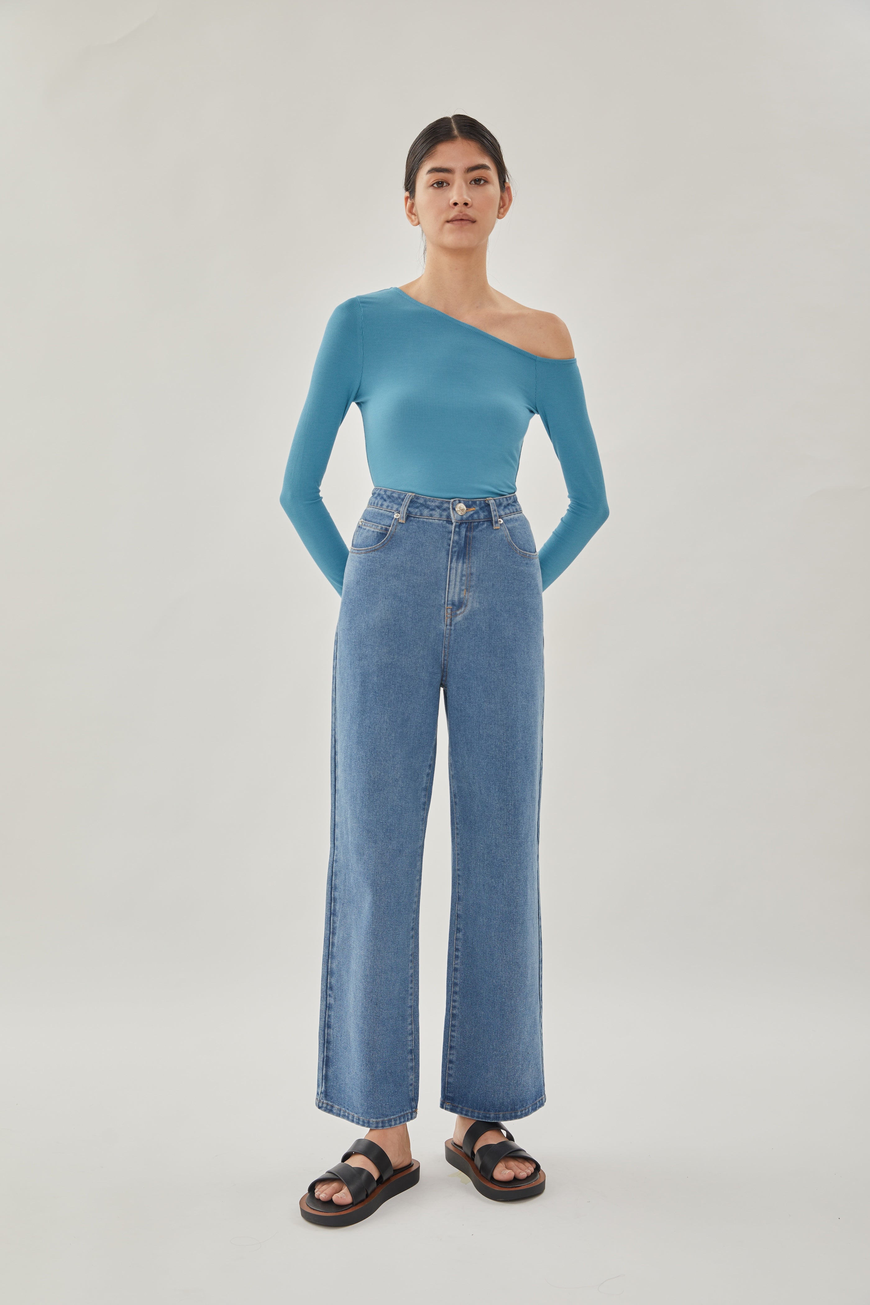 Asymmetrical Rib Top in Stone Blue