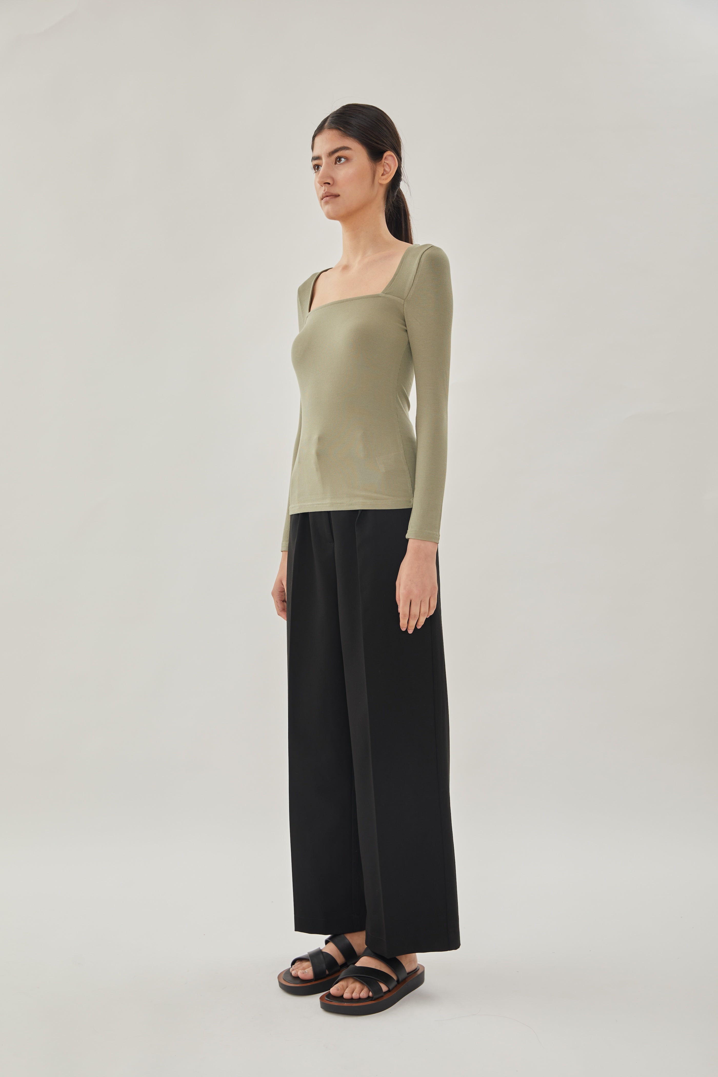 Square Neck Knit Top in Olive