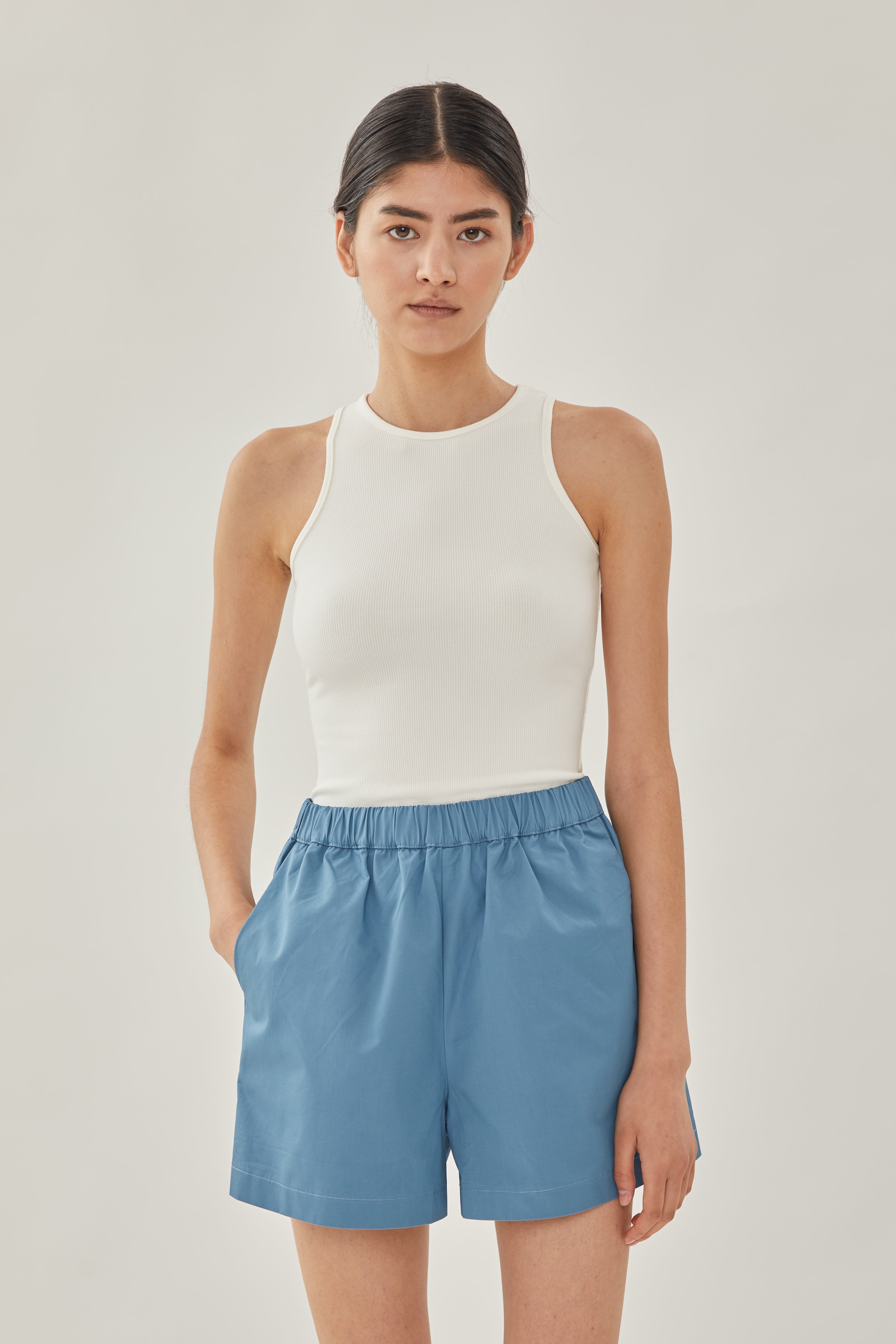 Cotton Relaxed Shorts in Stone Blue