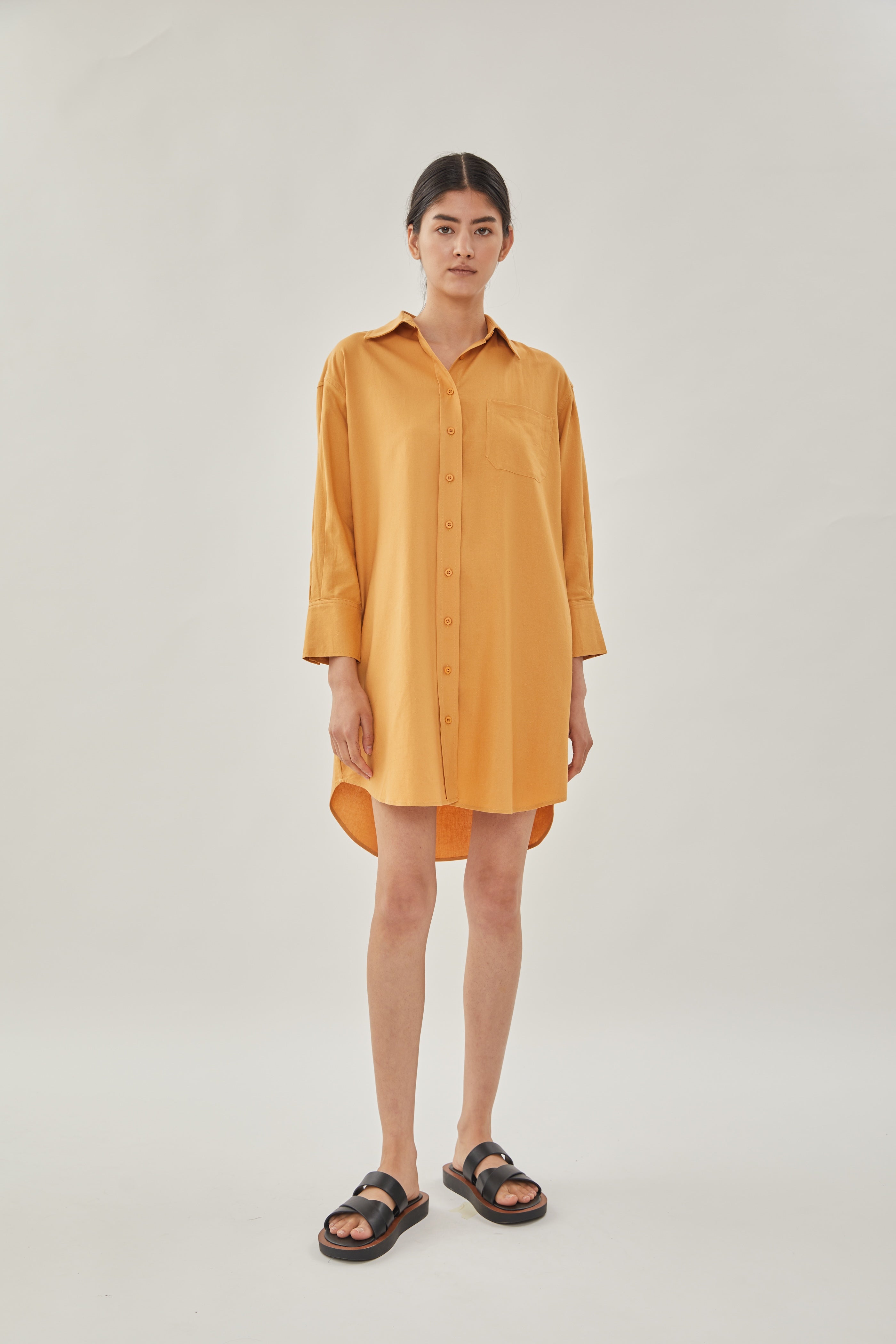 Linen Shirt Dress in Ochre