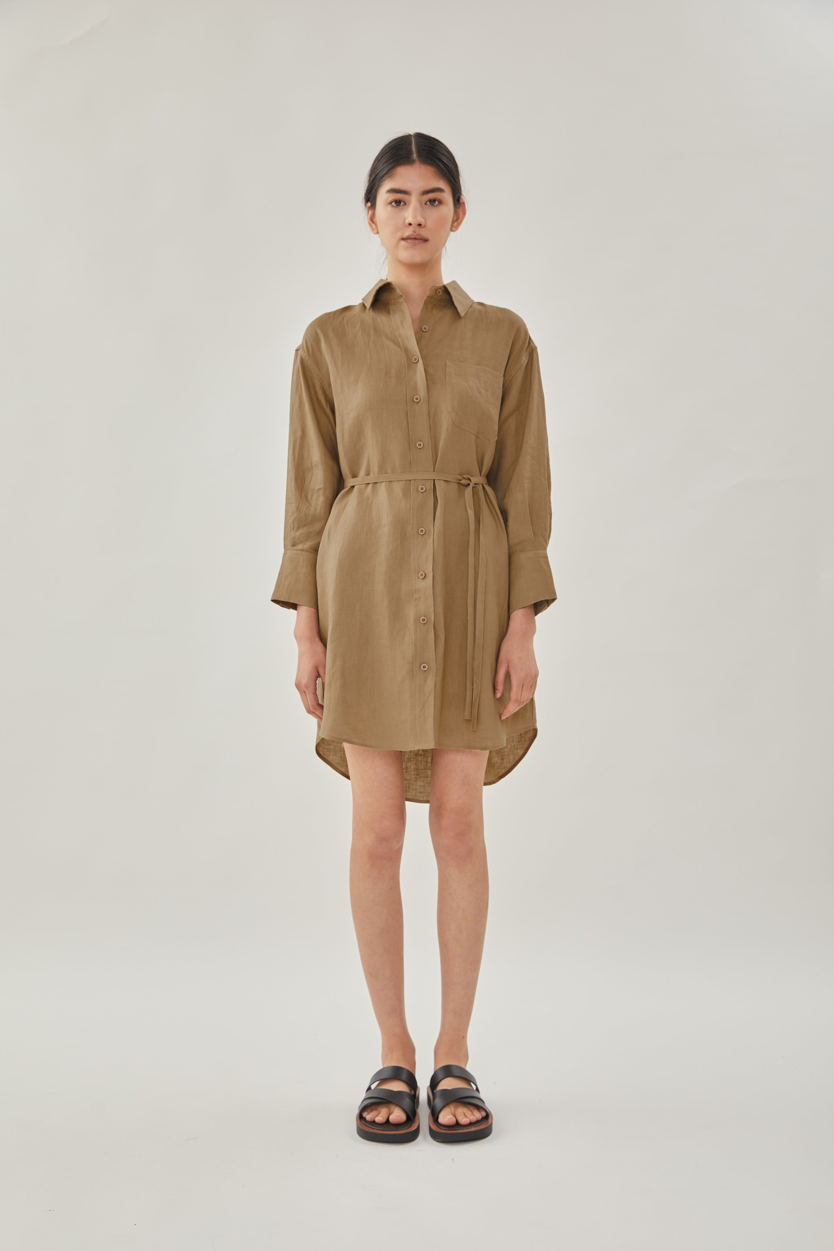 Linen Shirt Dress in Brown