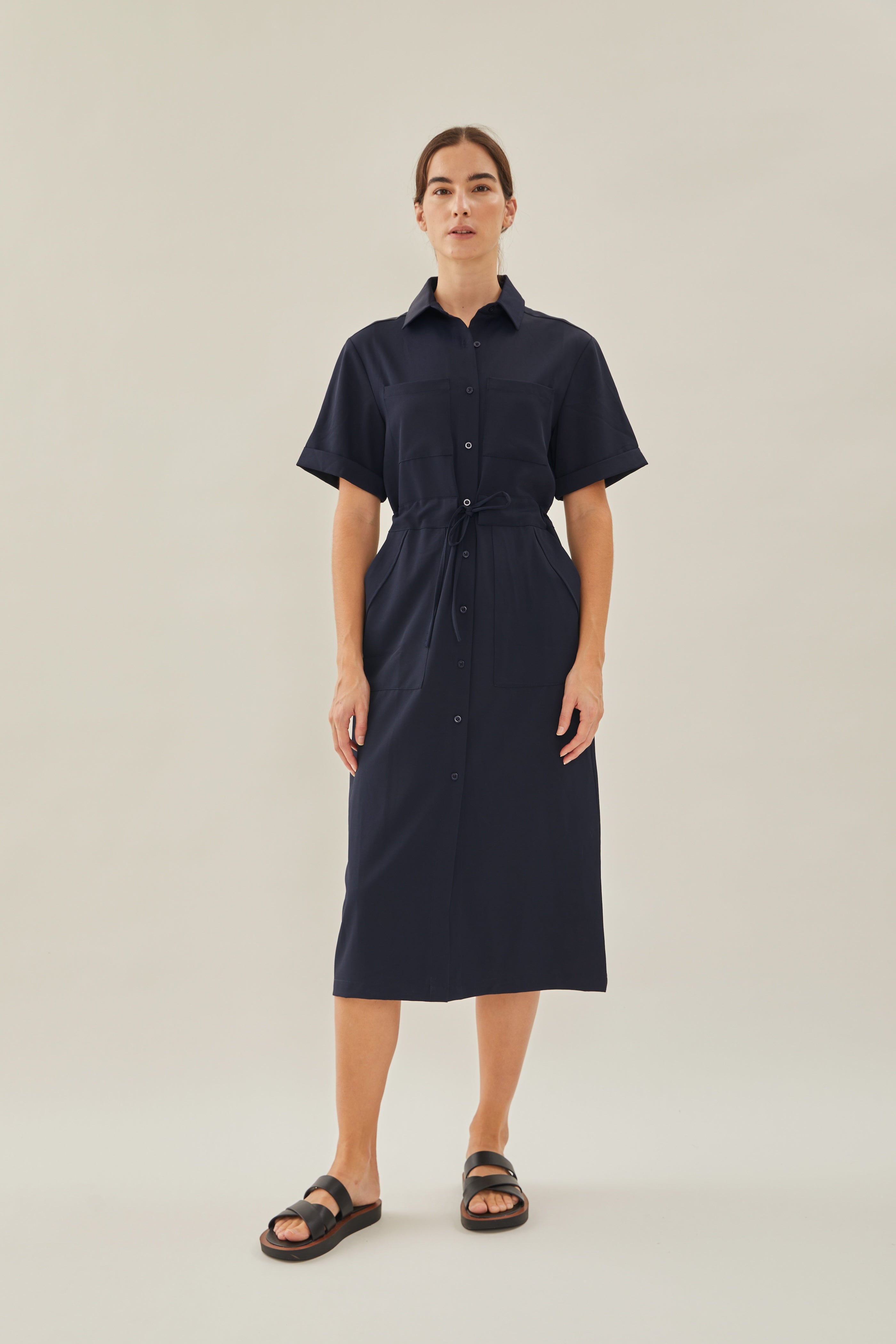 Belted Midi Shirt Dress in Dark Navy