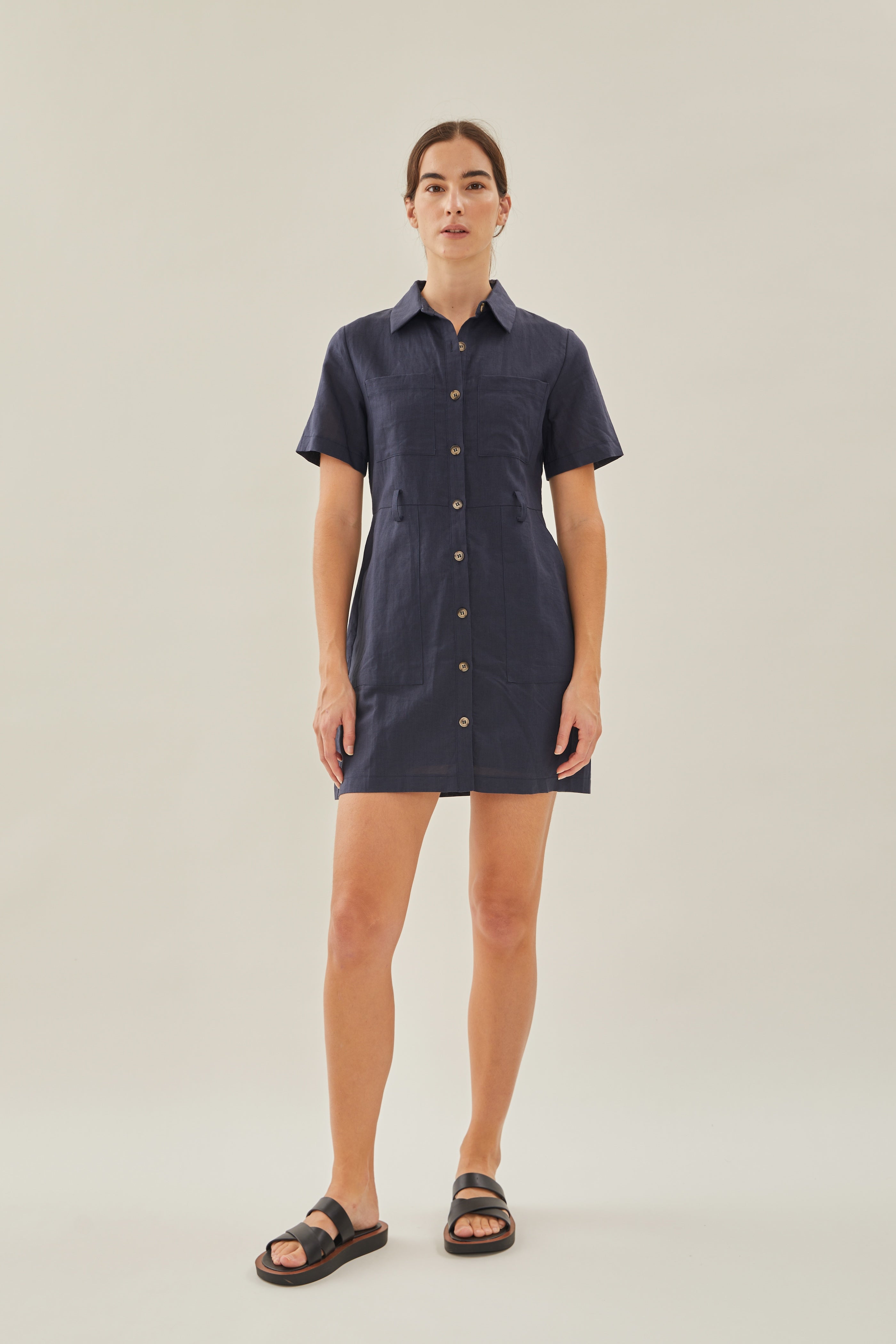 Linen Shirt Dress in Dark Navy