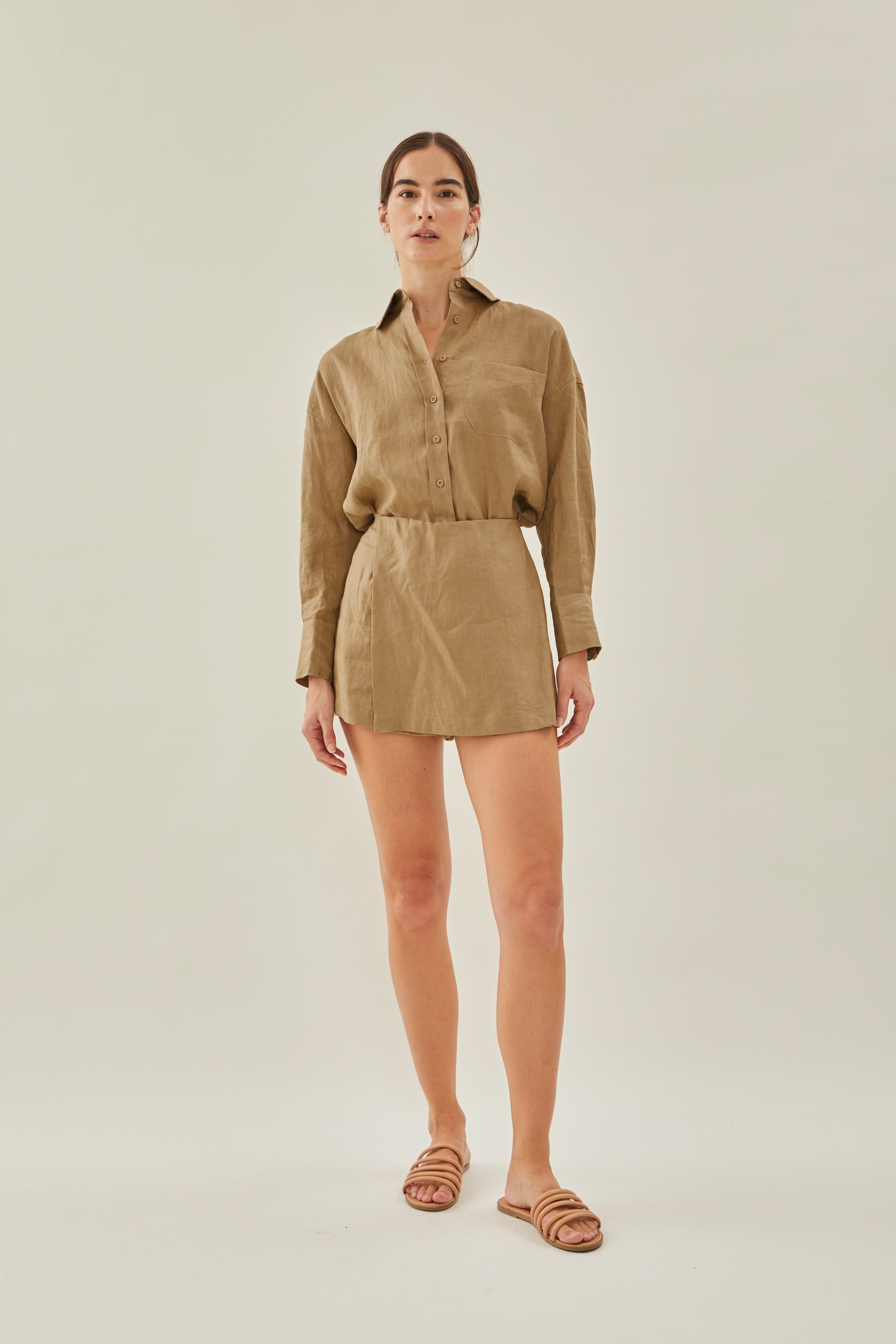 Linen Wrap Skort in Brown