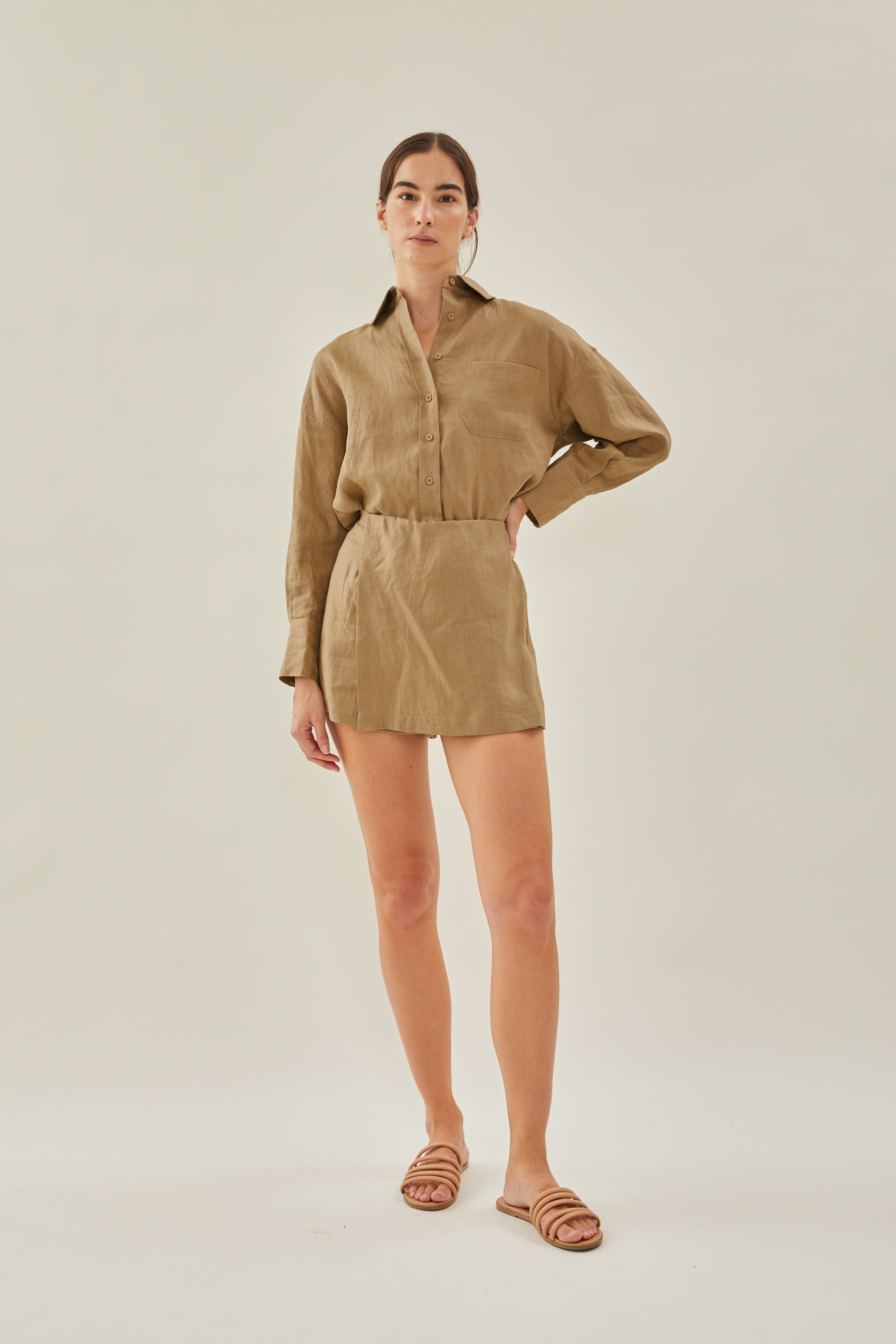 Linen Wrap Skort in Brown