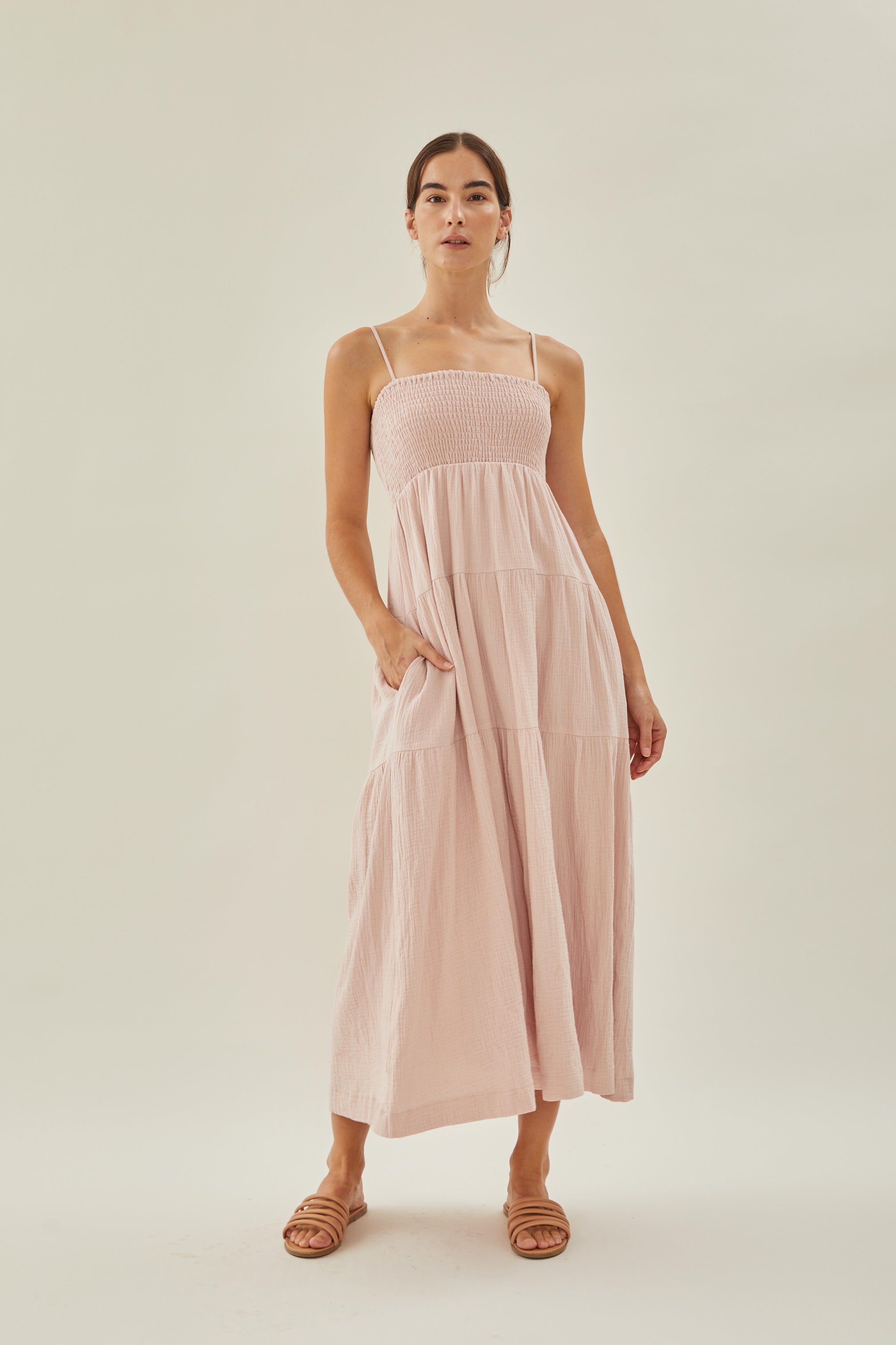 Shirred Maxi Dress in Muted Rose