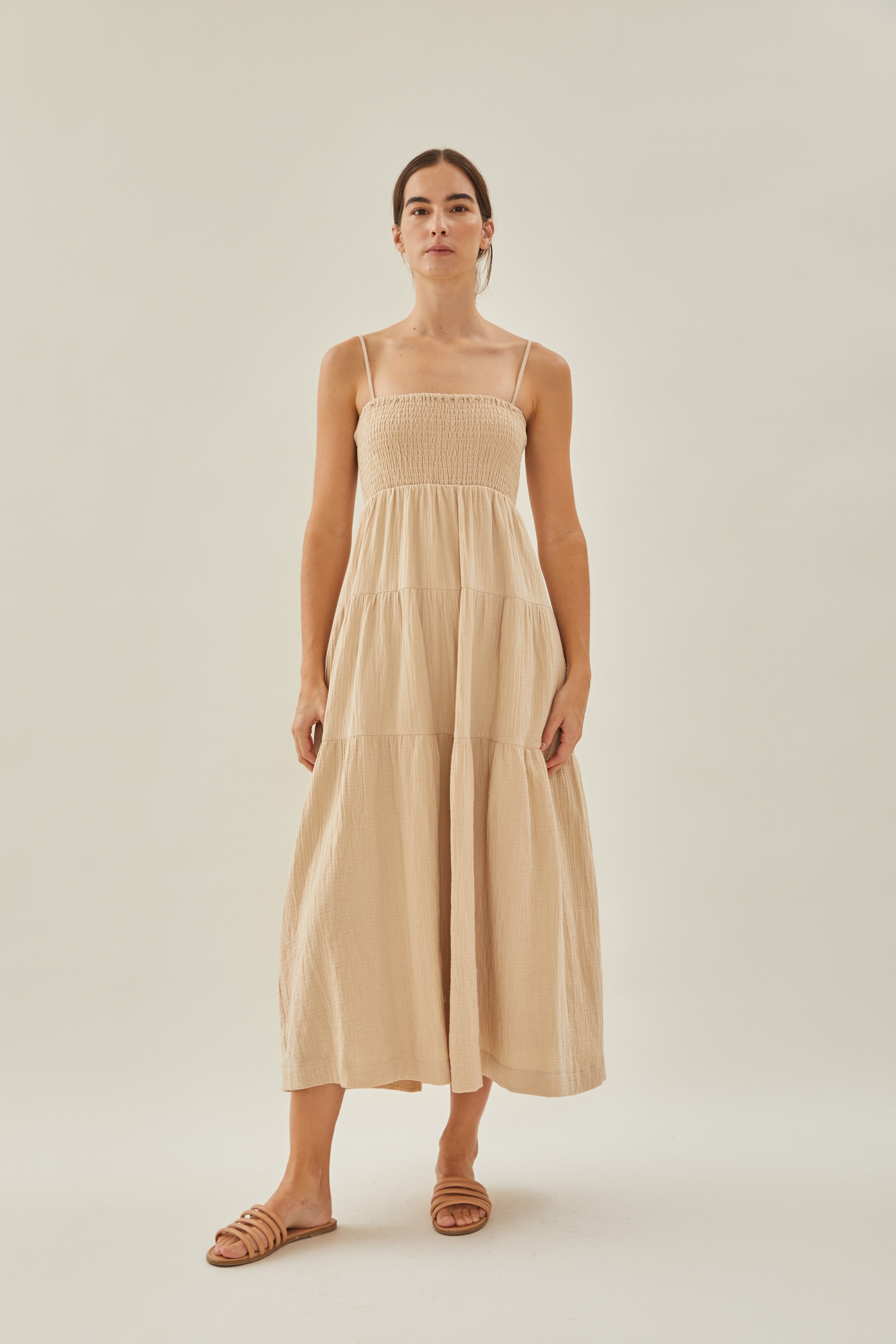 Shirred Maxi Dress in Tan