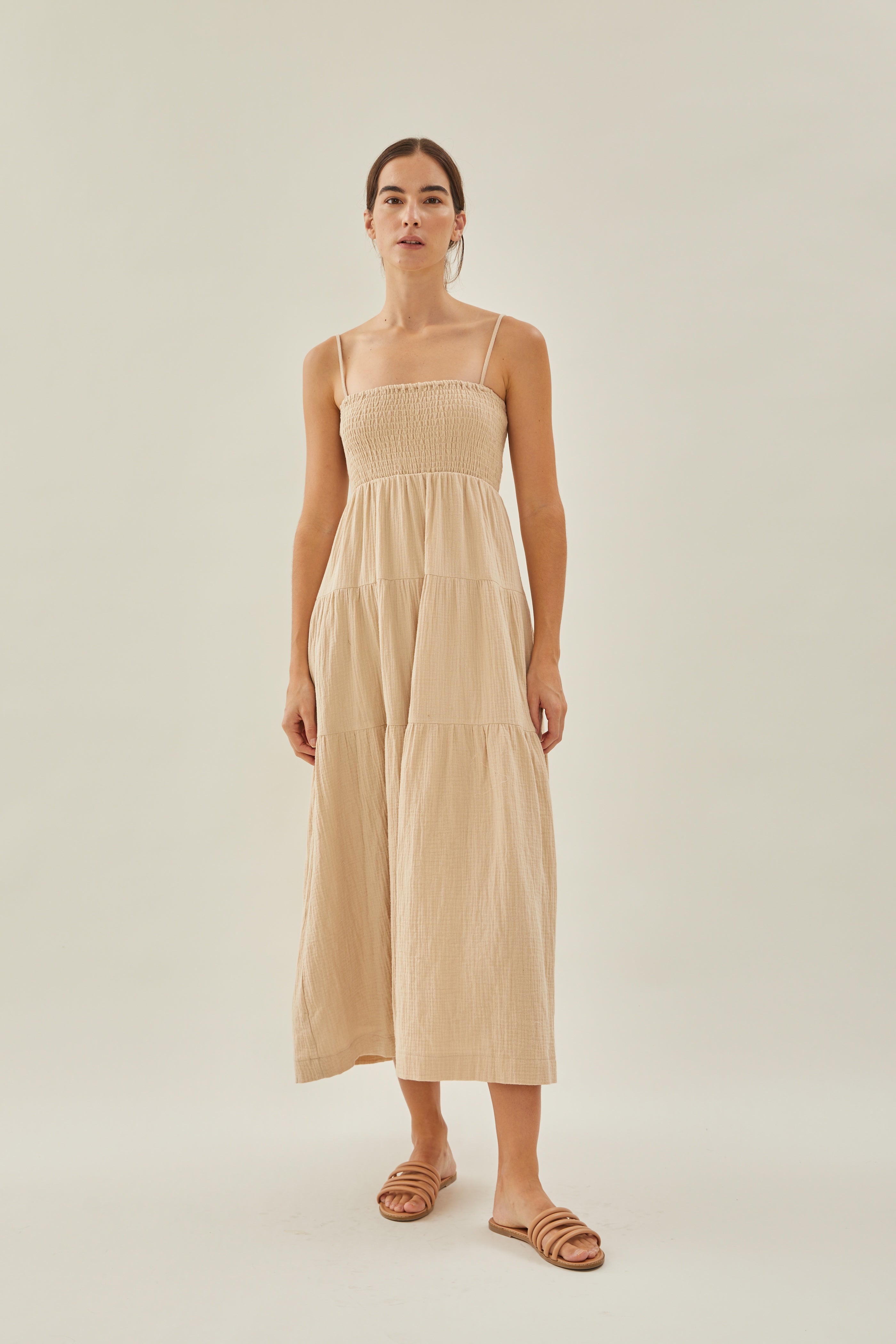 Shirred Maxi Dress in Tan