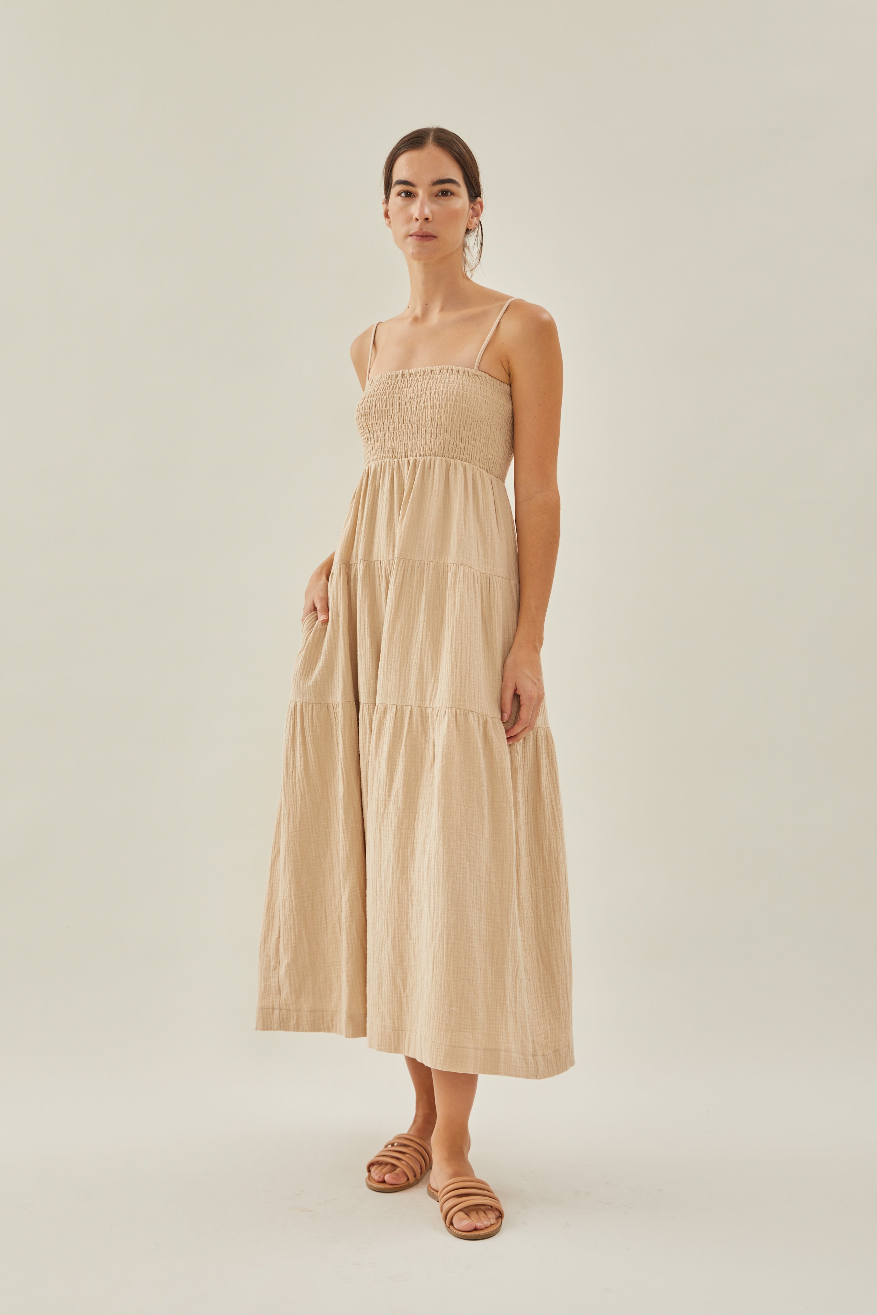 Shirred Maxi Dress in Tan