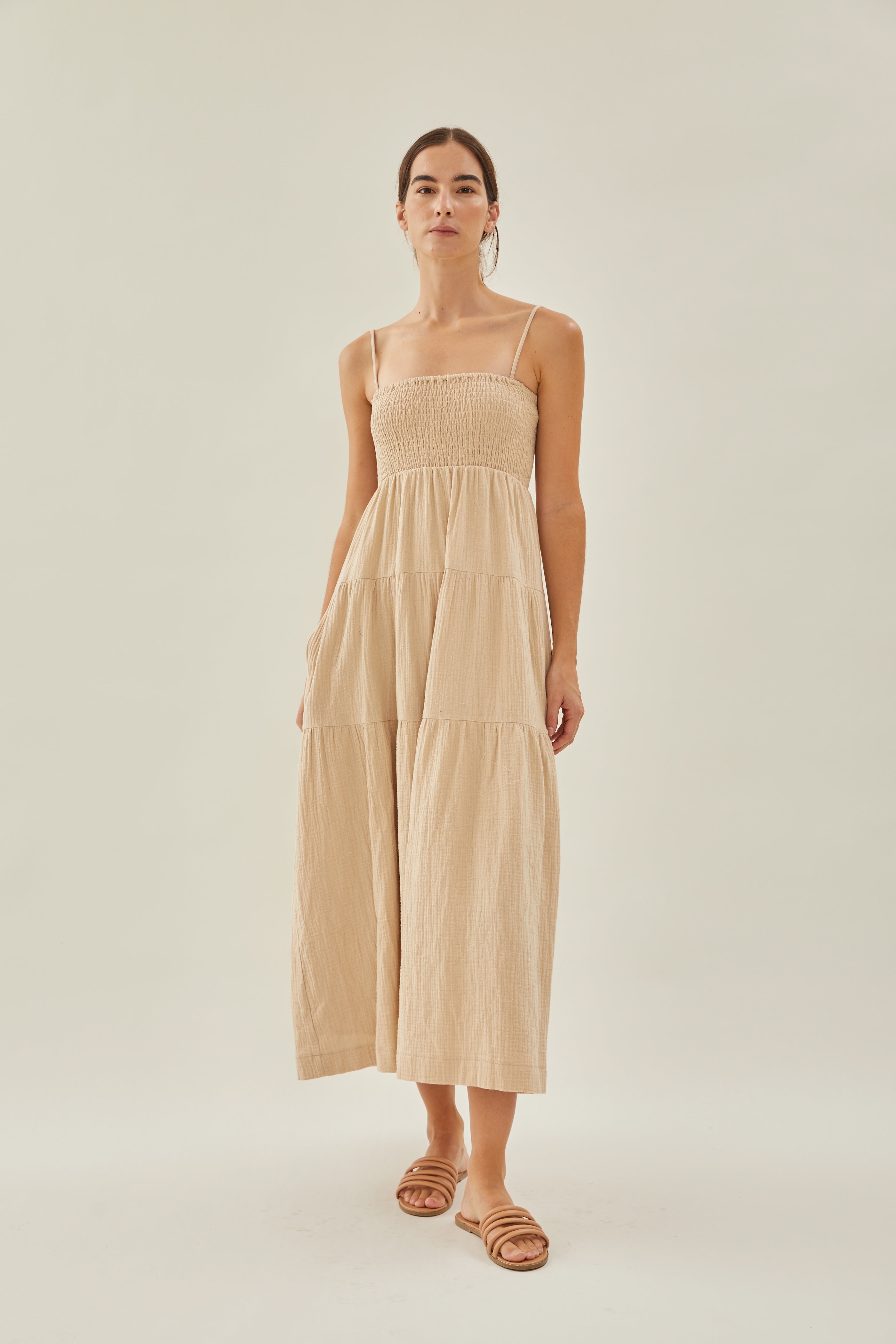 Shirred Maxi Dress in Tan