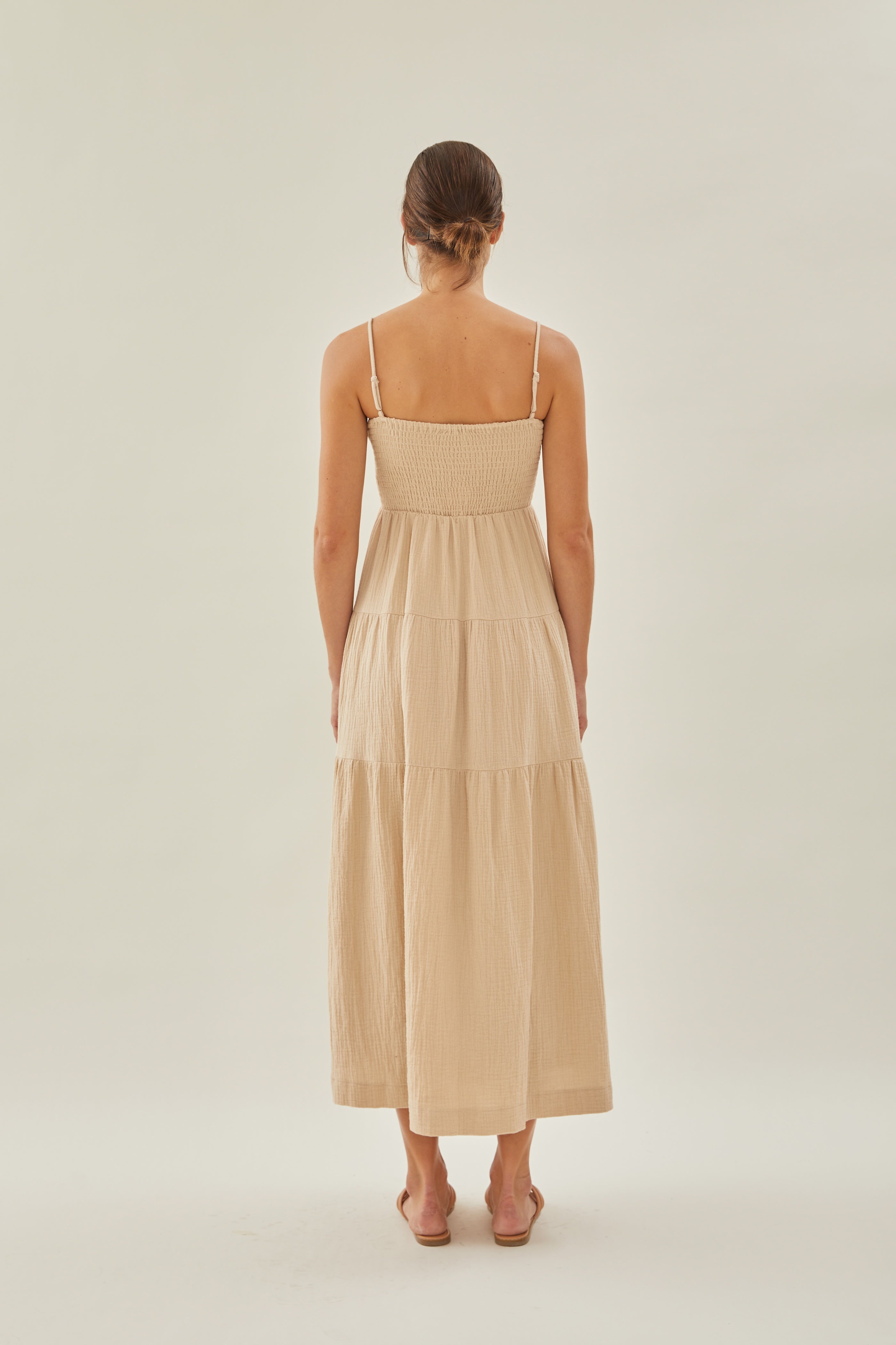 Shirred Maxi Dress in Tan