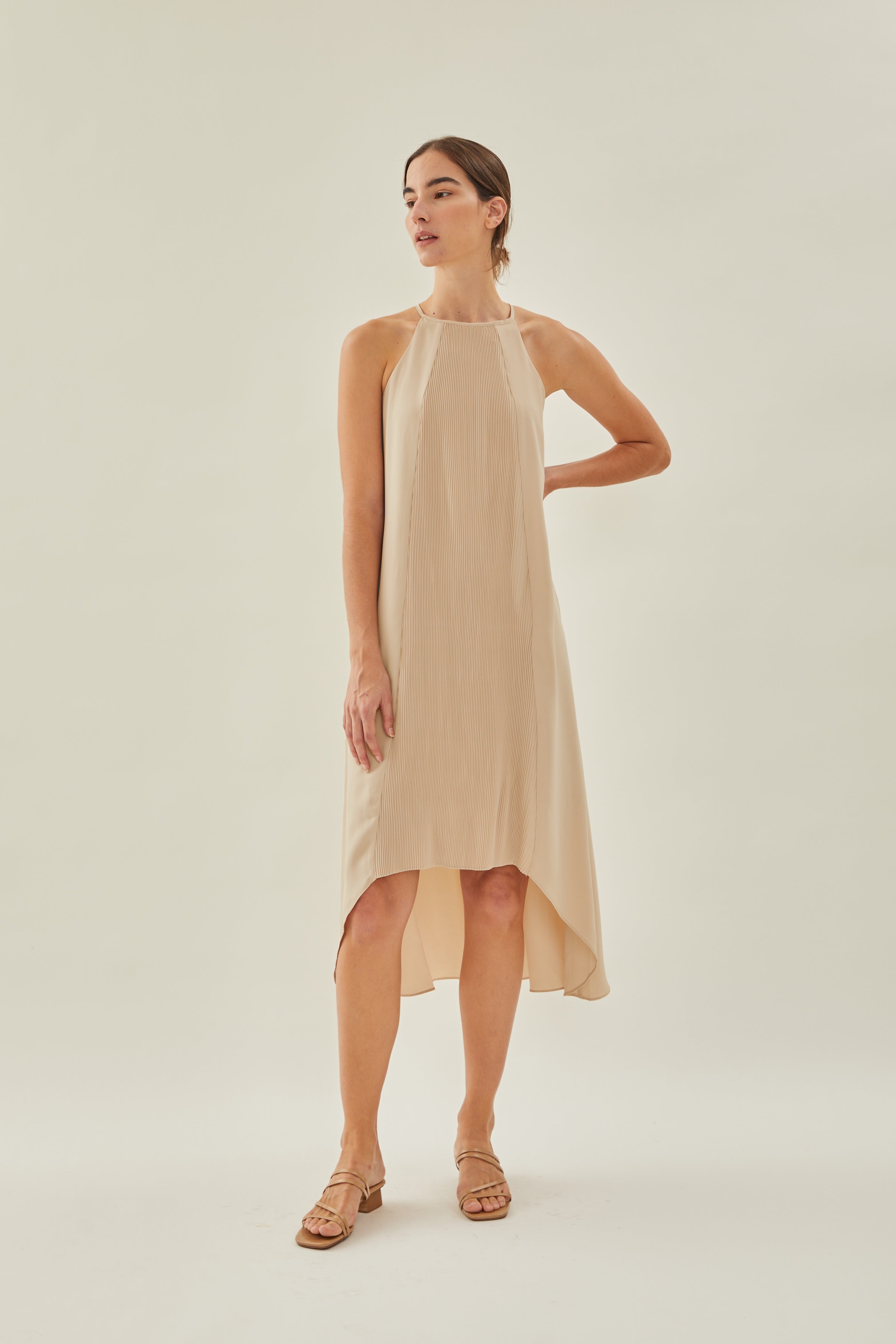 Pleated Halter Dress in Sand