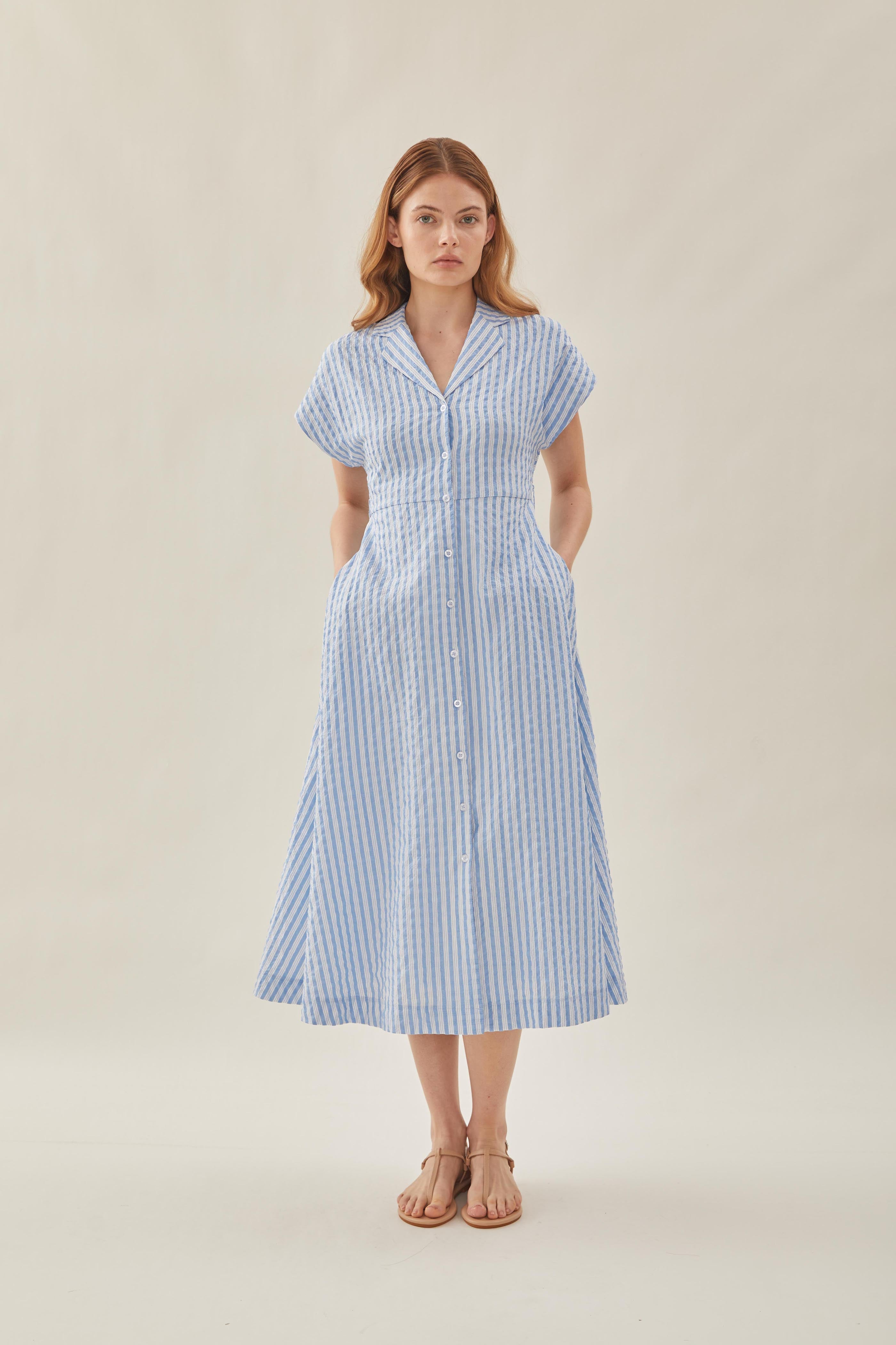 Seersucker Collared Midi Dress in Stripe Blue