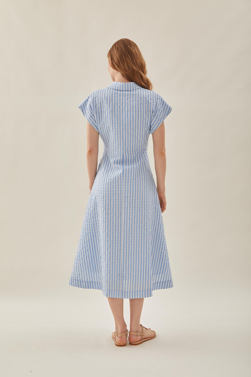 Seersucker Collared Midi Dress in Stripe Blue