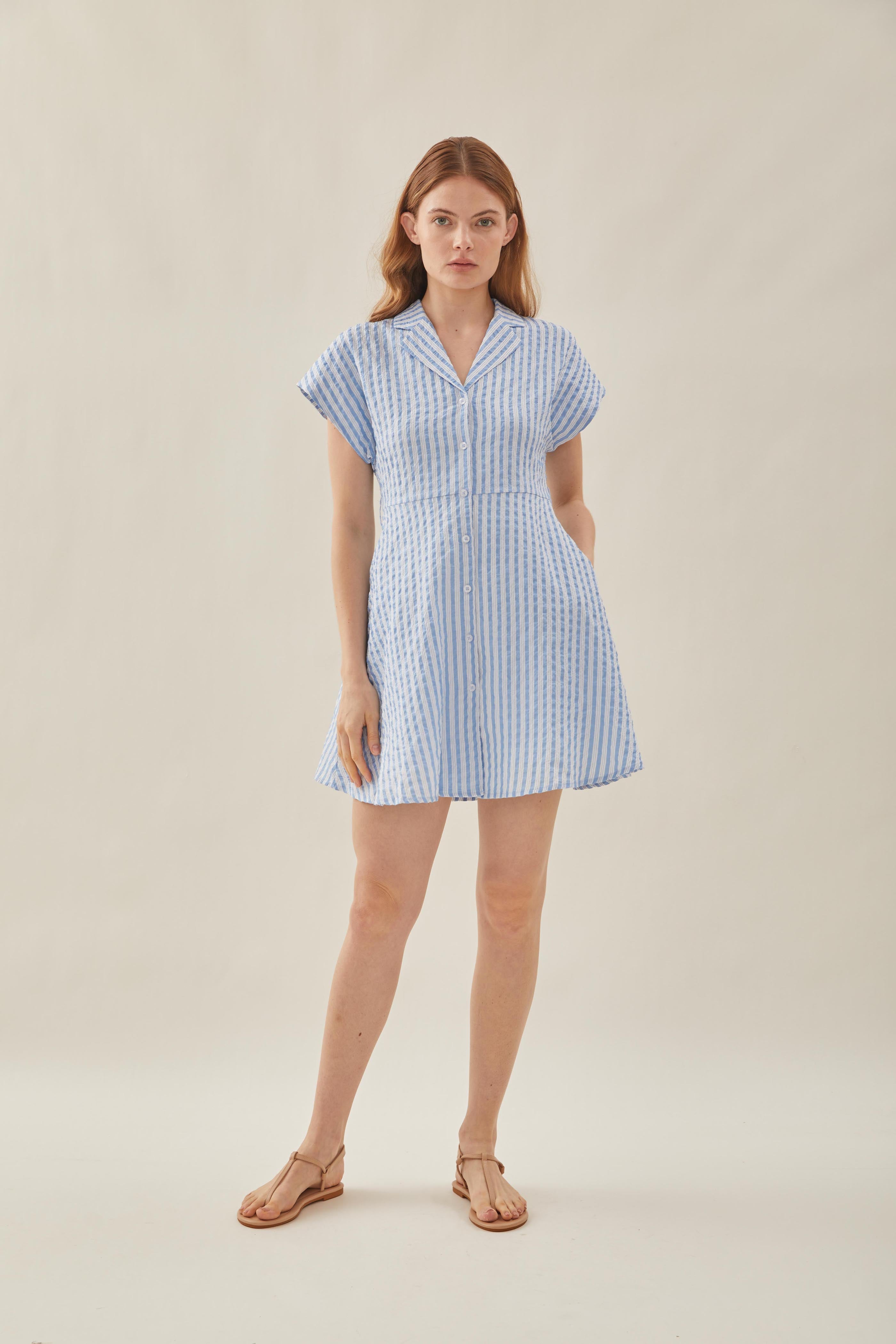 Linen Collared Mini Dress in Stripe Blue