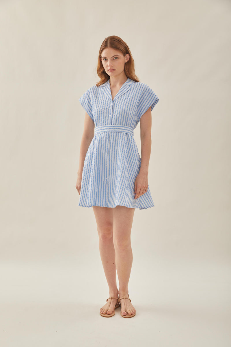 Linen Collared Mini Dress in Stripe Blue