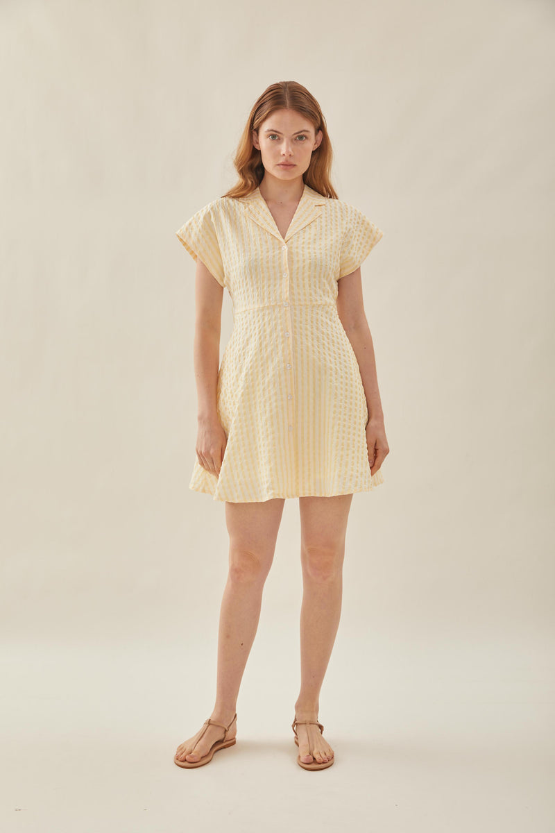 Linen Collared Mini Dress in Stripe Yellow