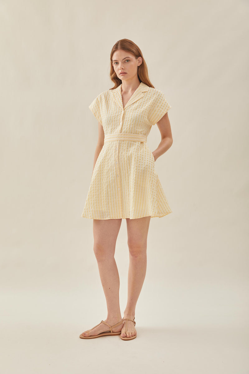 Linen Collared Mini Dress in Stripe Yellow