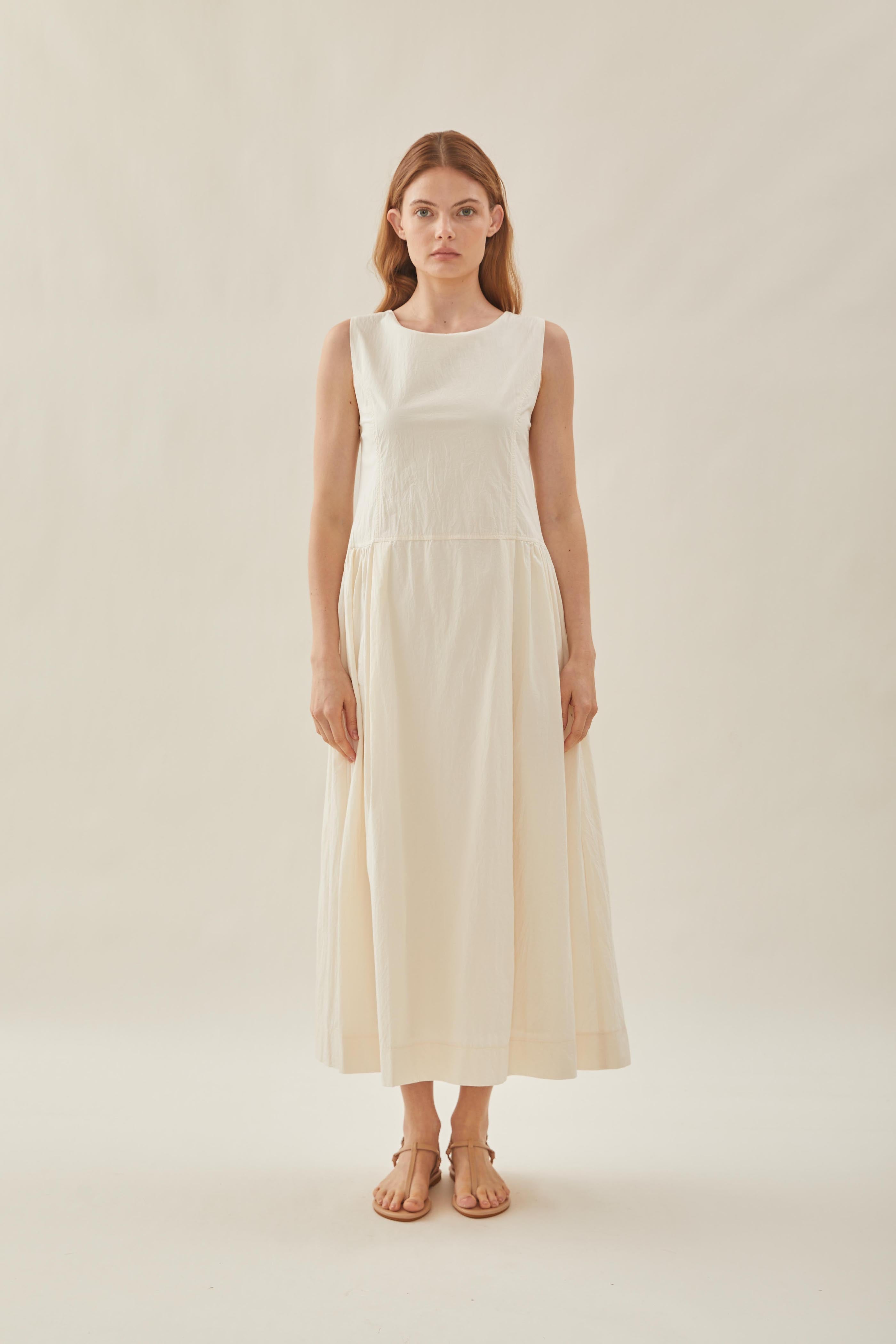 Cotton Poplin Sleeveless Dress in Natural