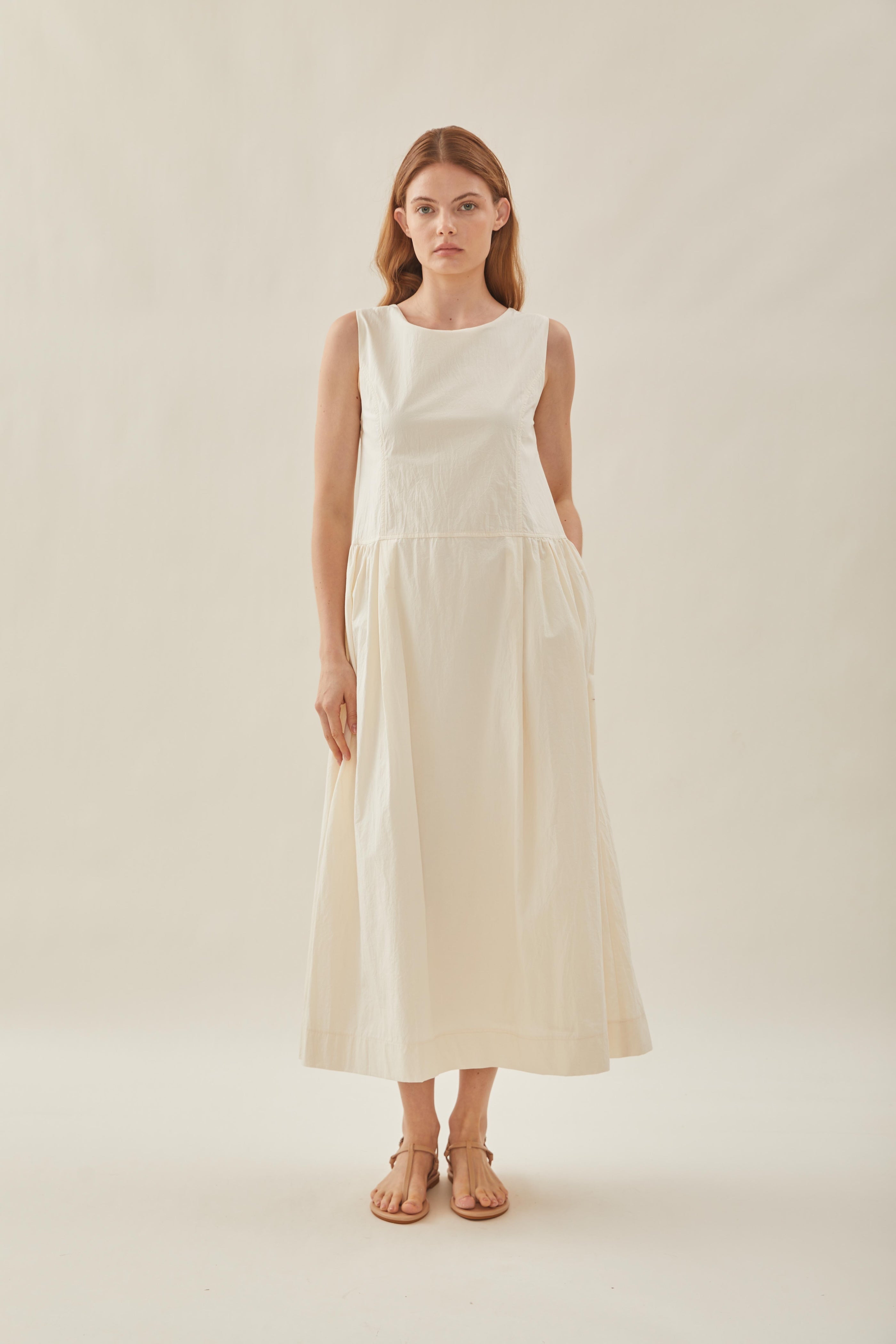 Cotton Poplin Sleeveless Dress in Natural