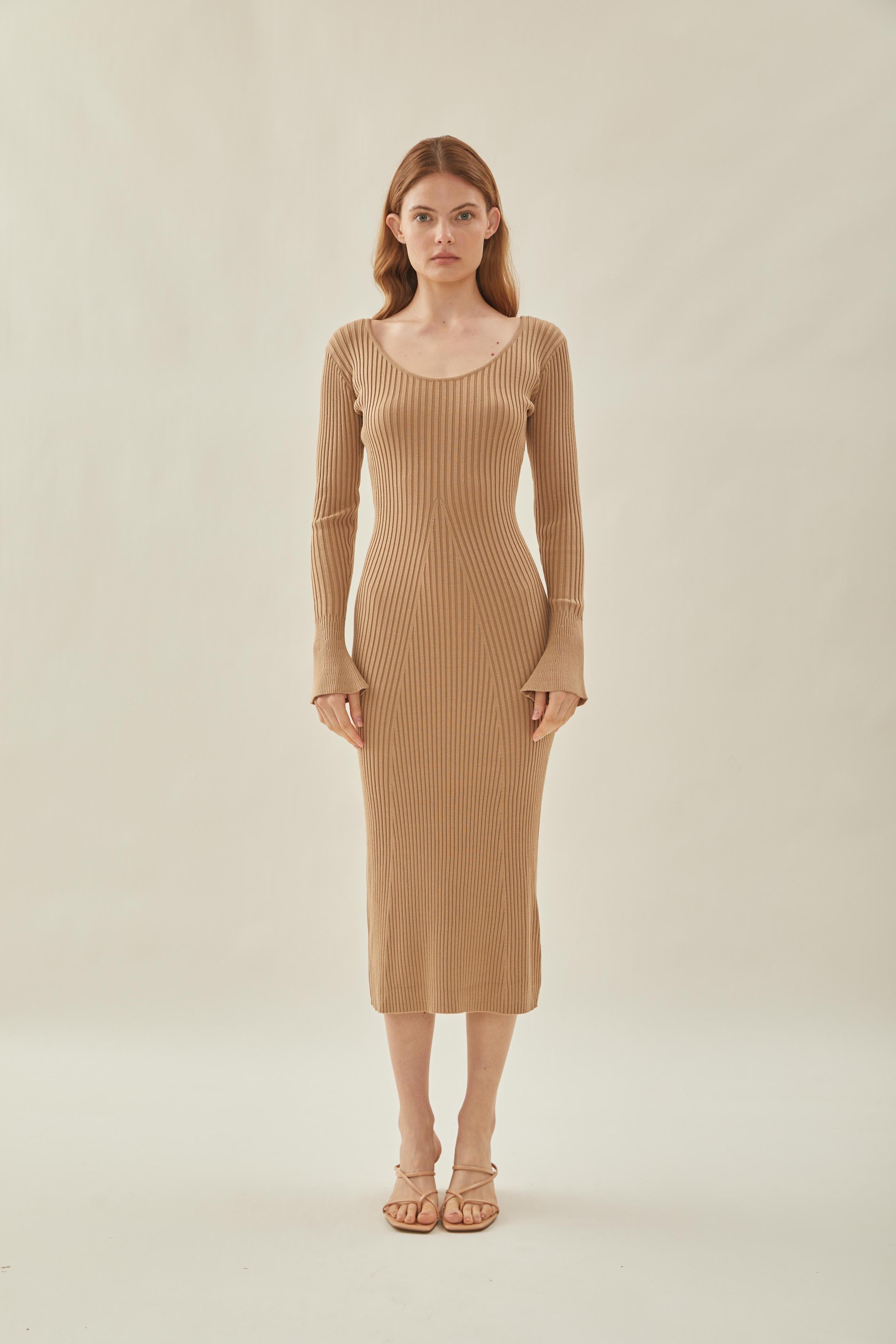 Scooped Neck Sleeved Ribbed Knit Dress in Camel