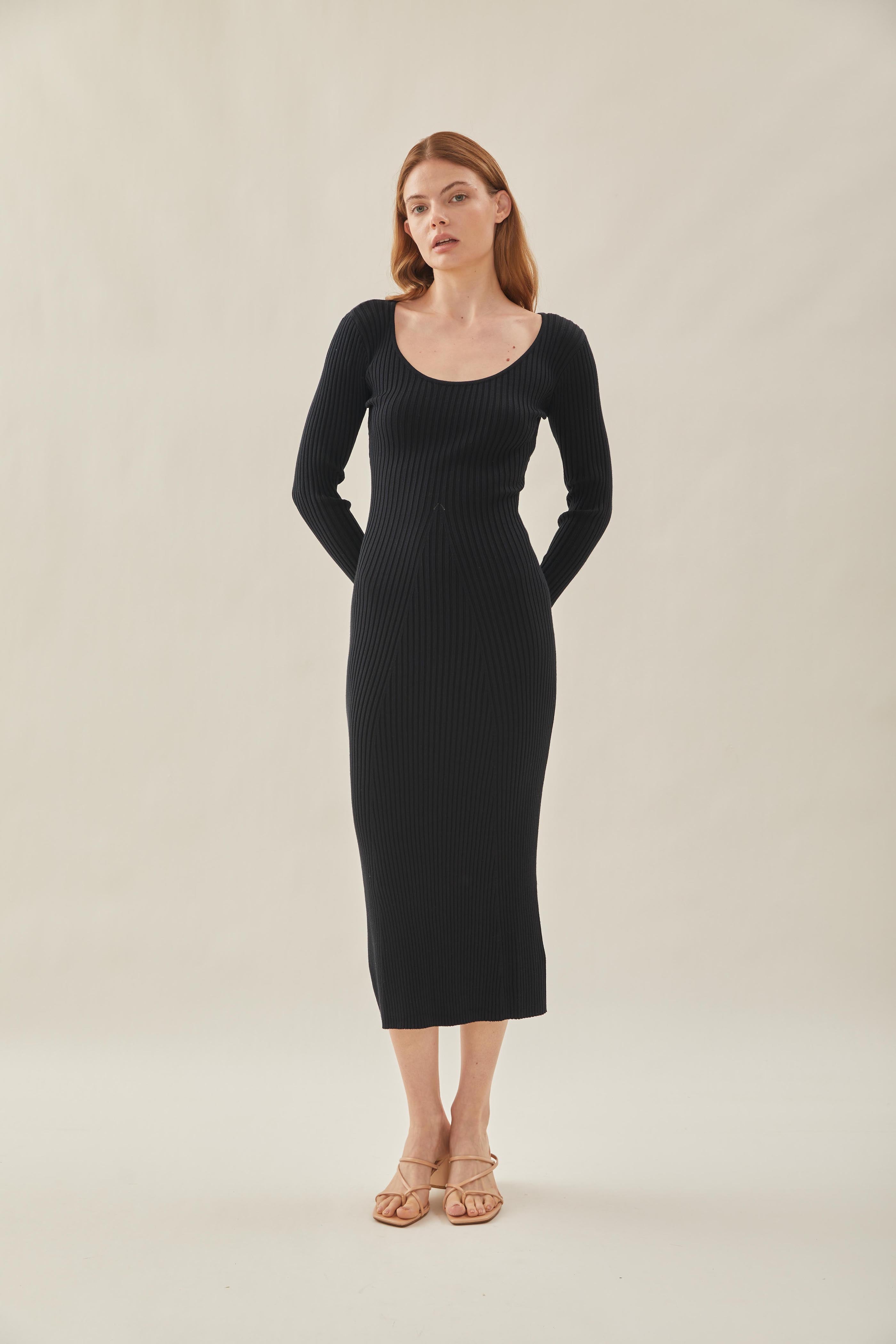 Scooped Neck Sleeved Ribbed Knit Dress in Black