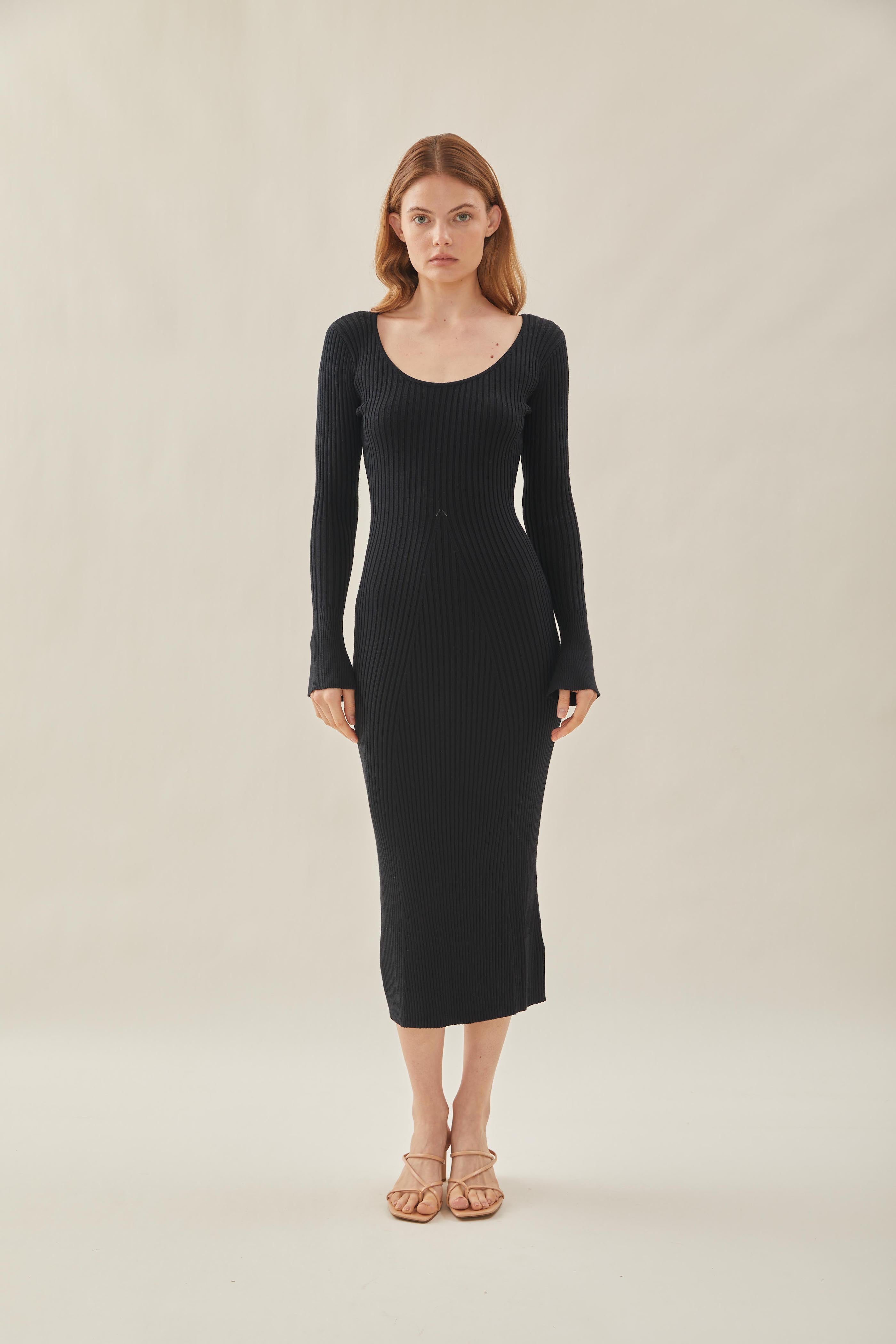 Scooped Neck Sleeved Ribbed Knit Dress in Black