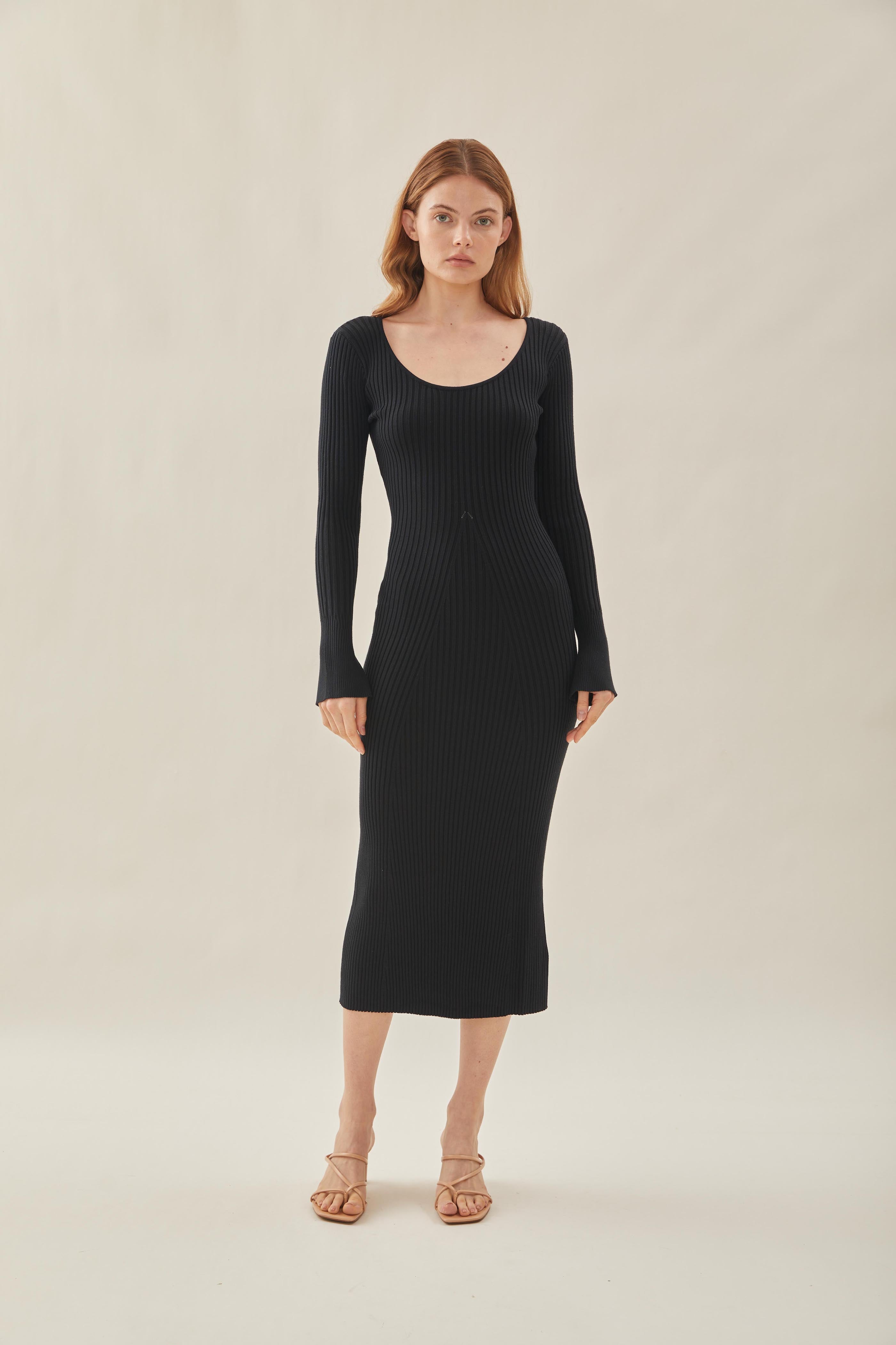 Scooped Neck Sleeved Ribbed Knit Dress in Black