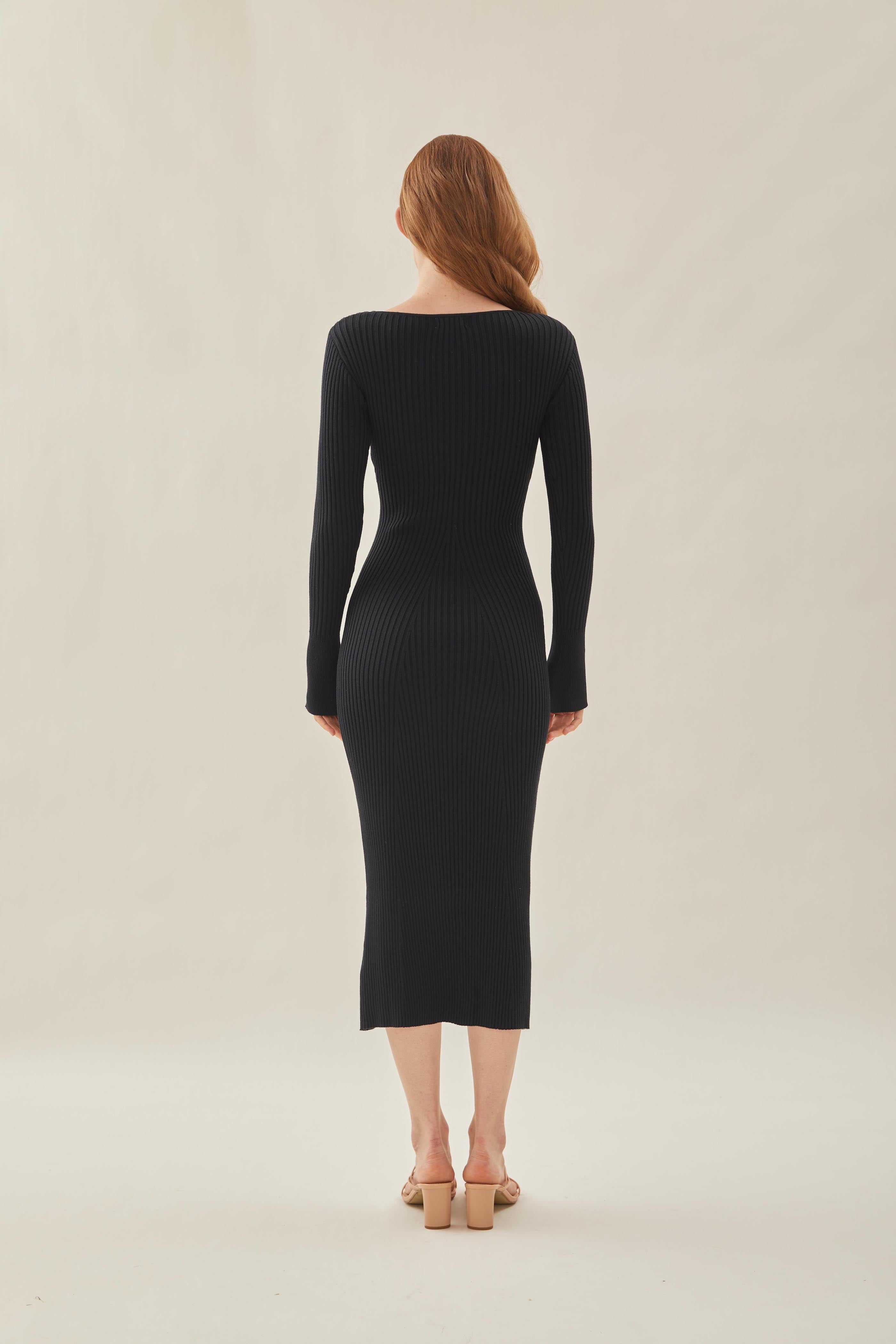 Scooped Neck Sleeved Ribbed Knit Dress in Black