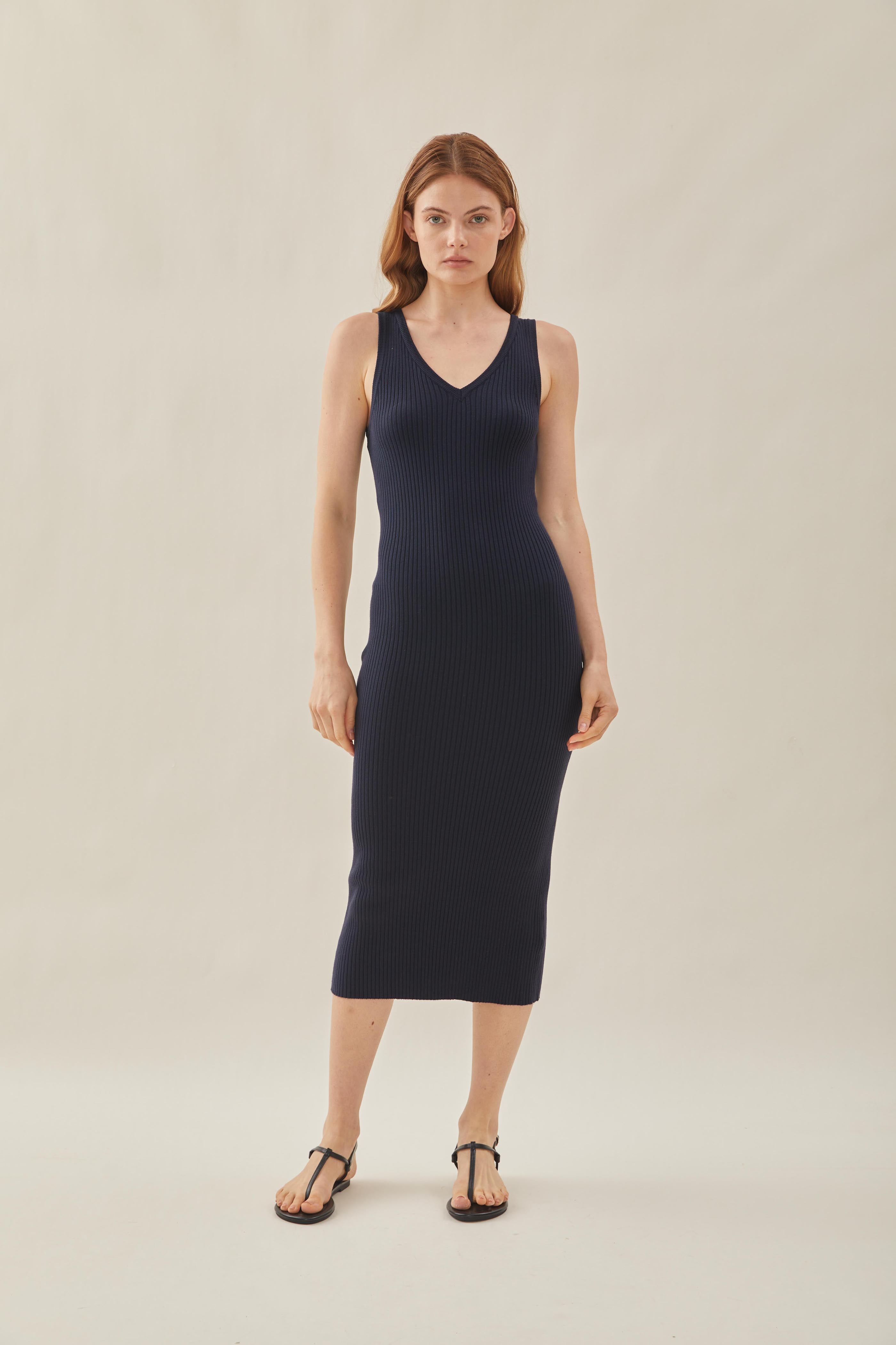 V Neck Ribbed Knit Dress in Midnight