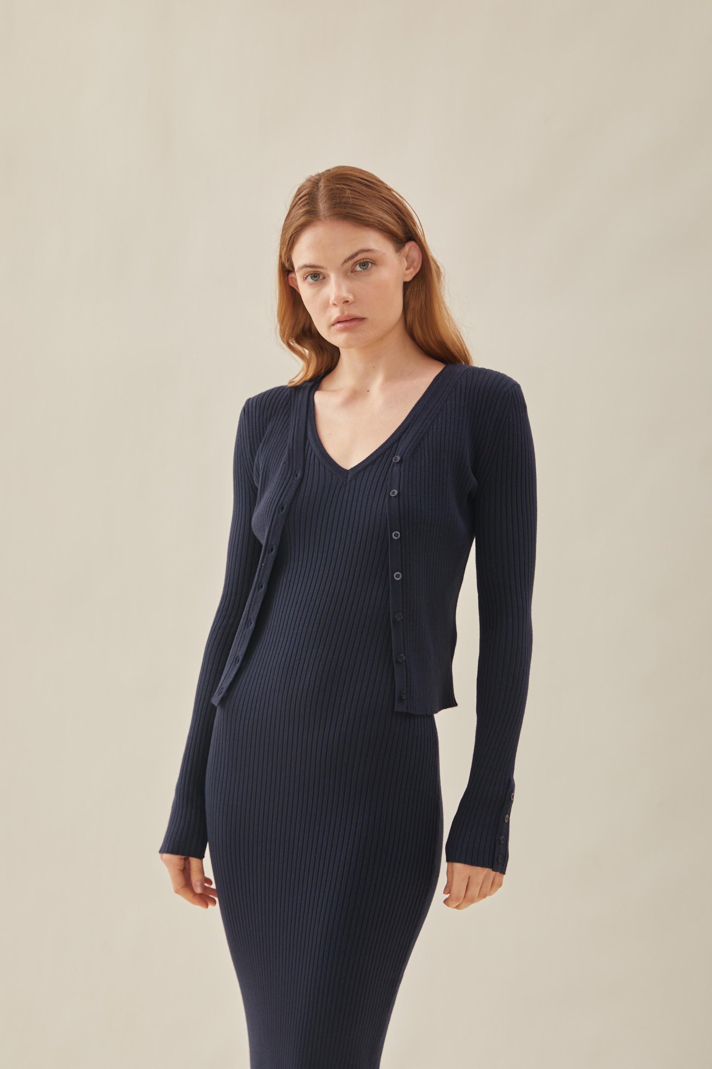 Ribbed Knit Button Down Cardigan in Midnight