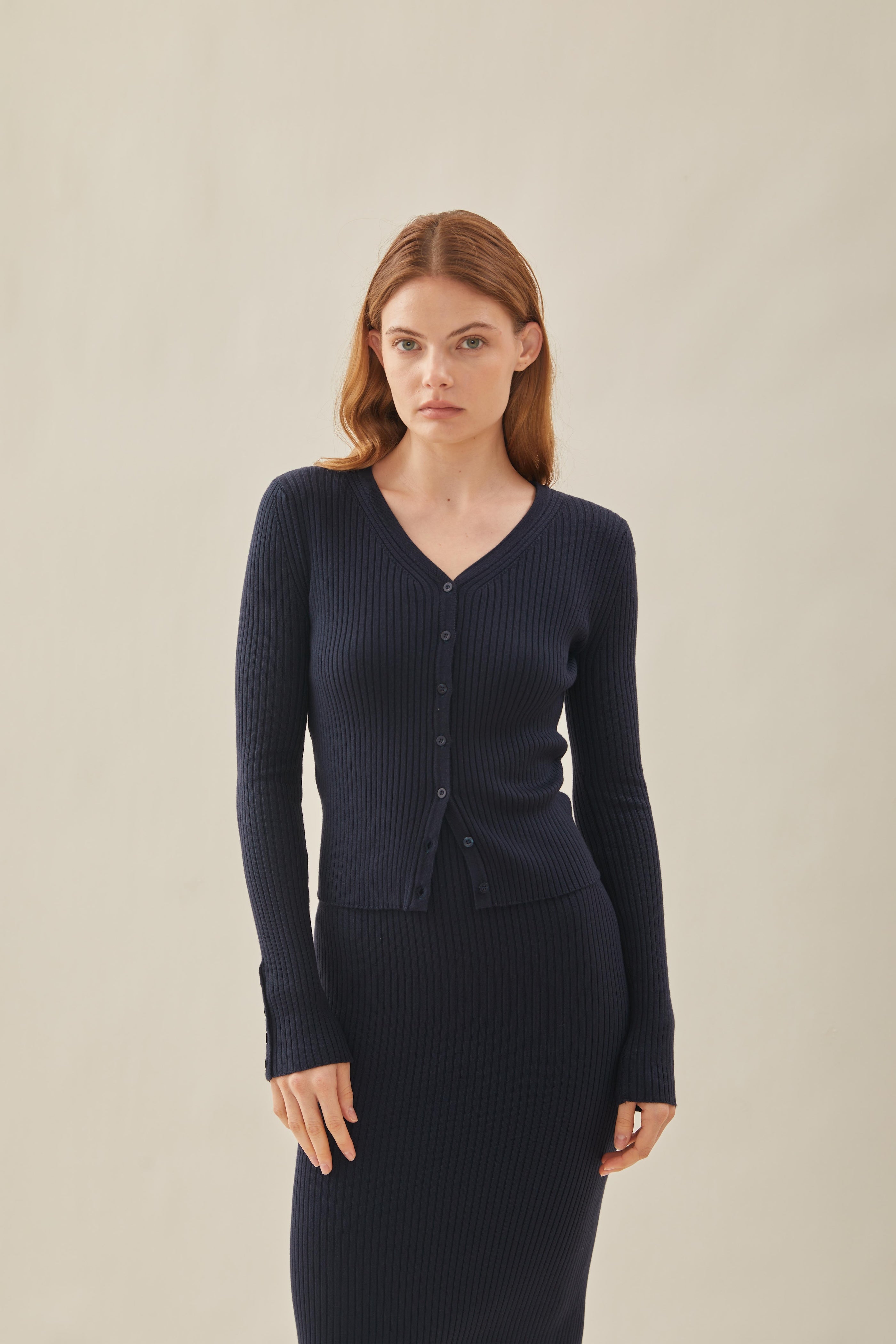 Ribbed Knit Button Down Cardigan in Midnight