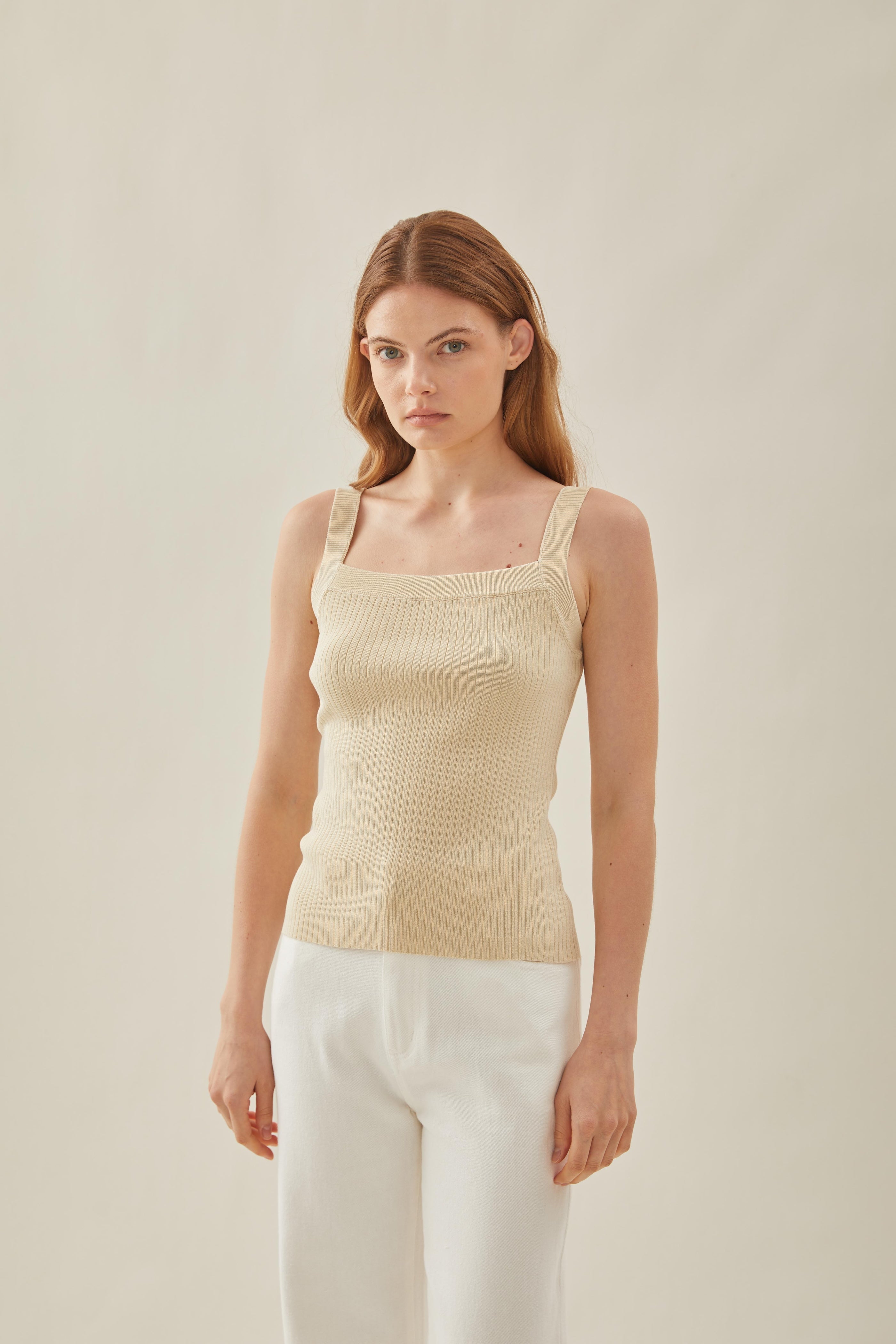 Knitted Straight Neck Tank in Natural