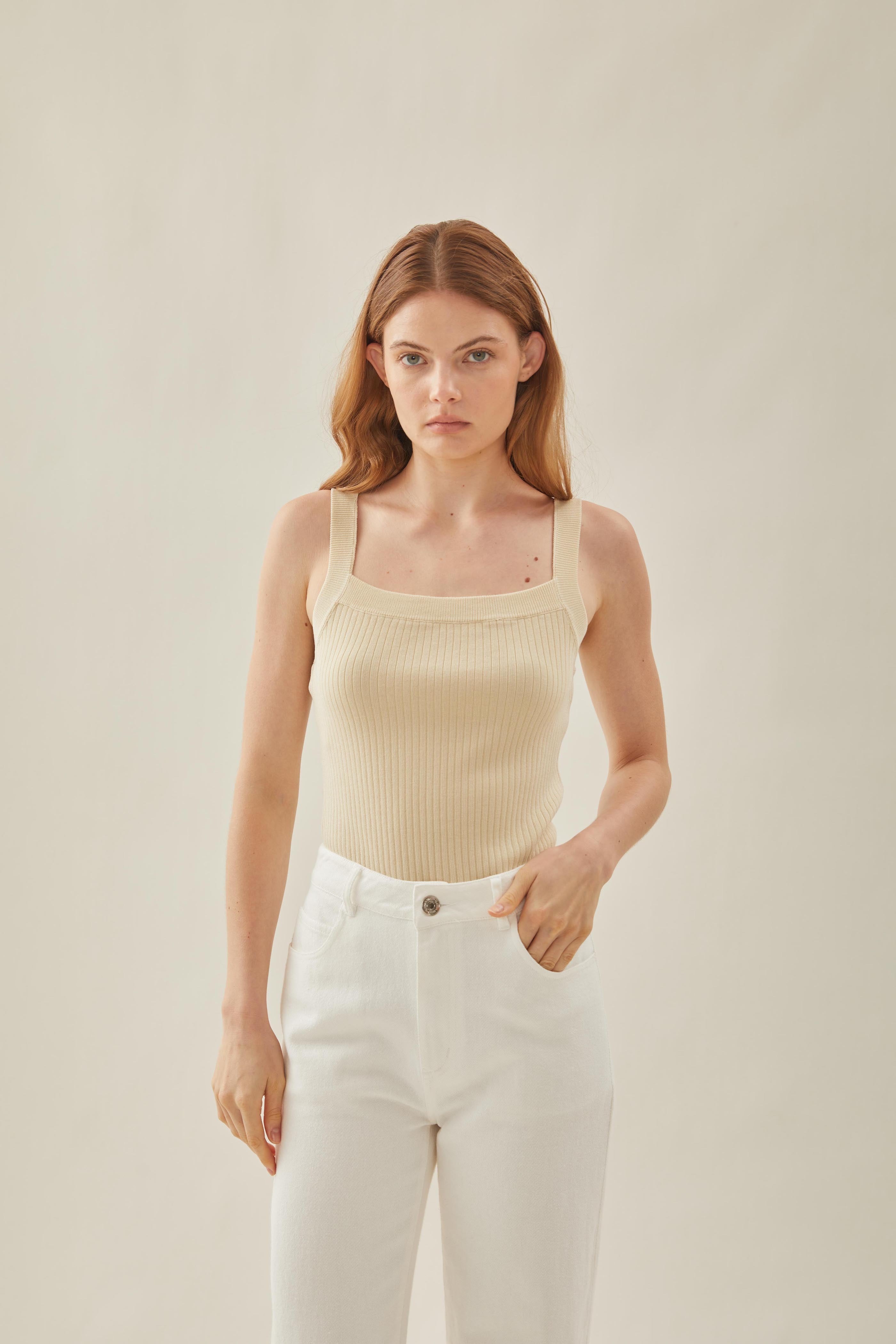 Knitted Straight Neck Tank in Natural