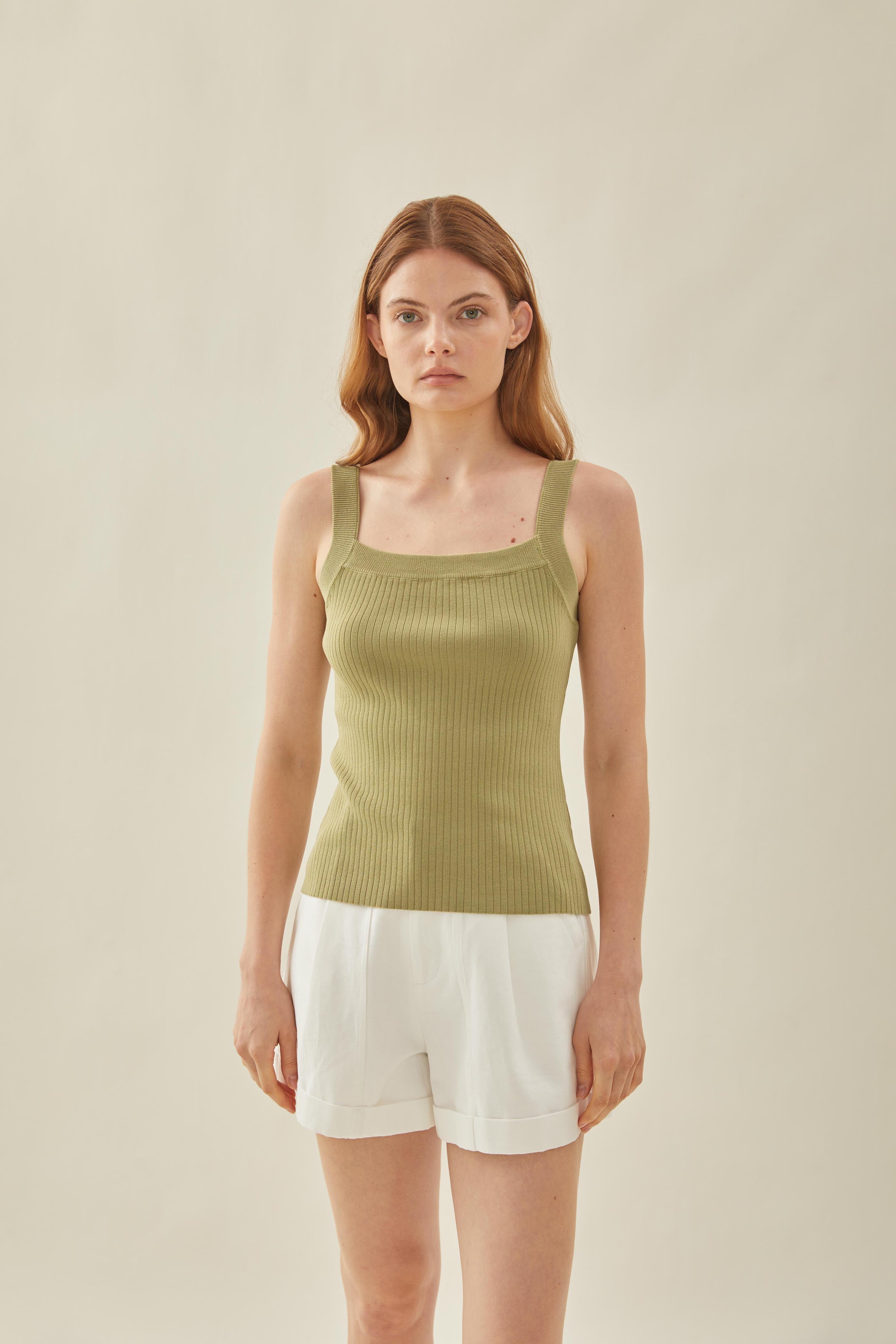 Knitted Straight Neck Tank in Palm