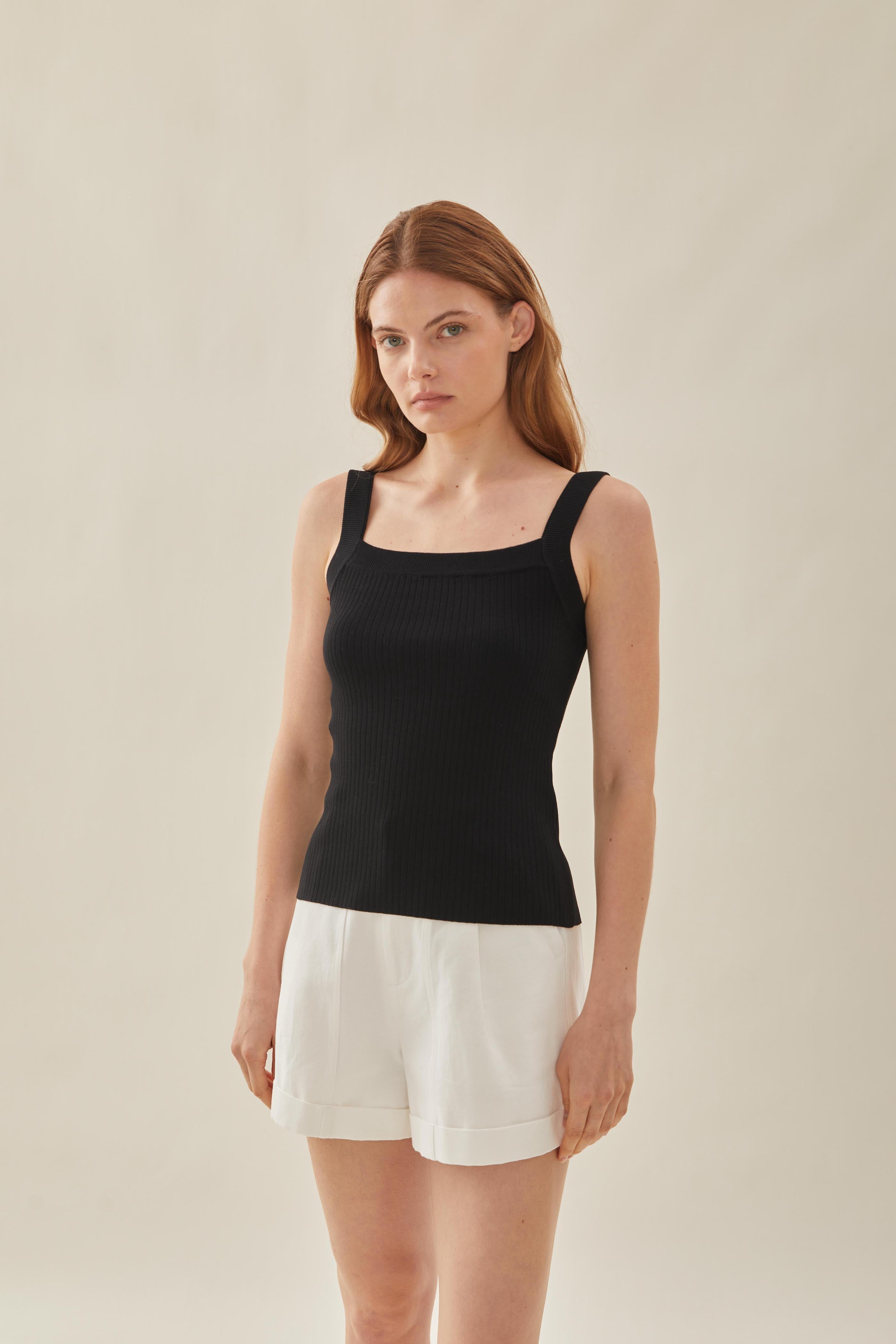 Knitted Straight Neck Tank in Black