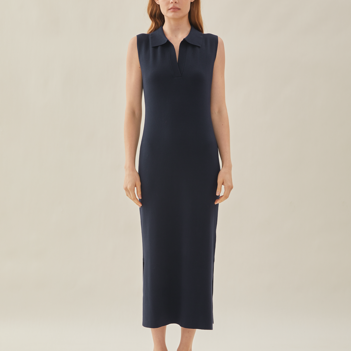 Collared Sleeveless Knit Shift Dress in Midnight