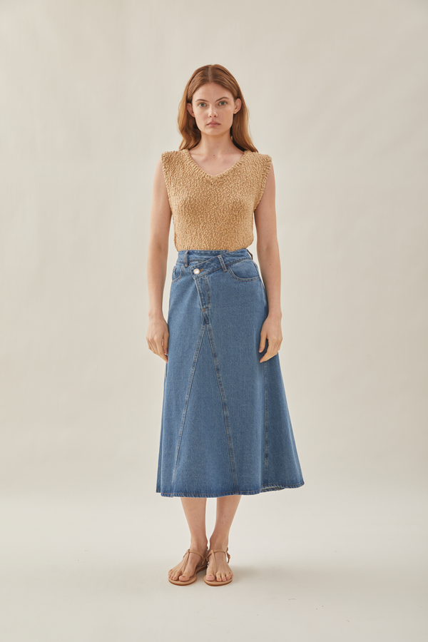 Asymmetrical Waist Denim Skirt in Indigo