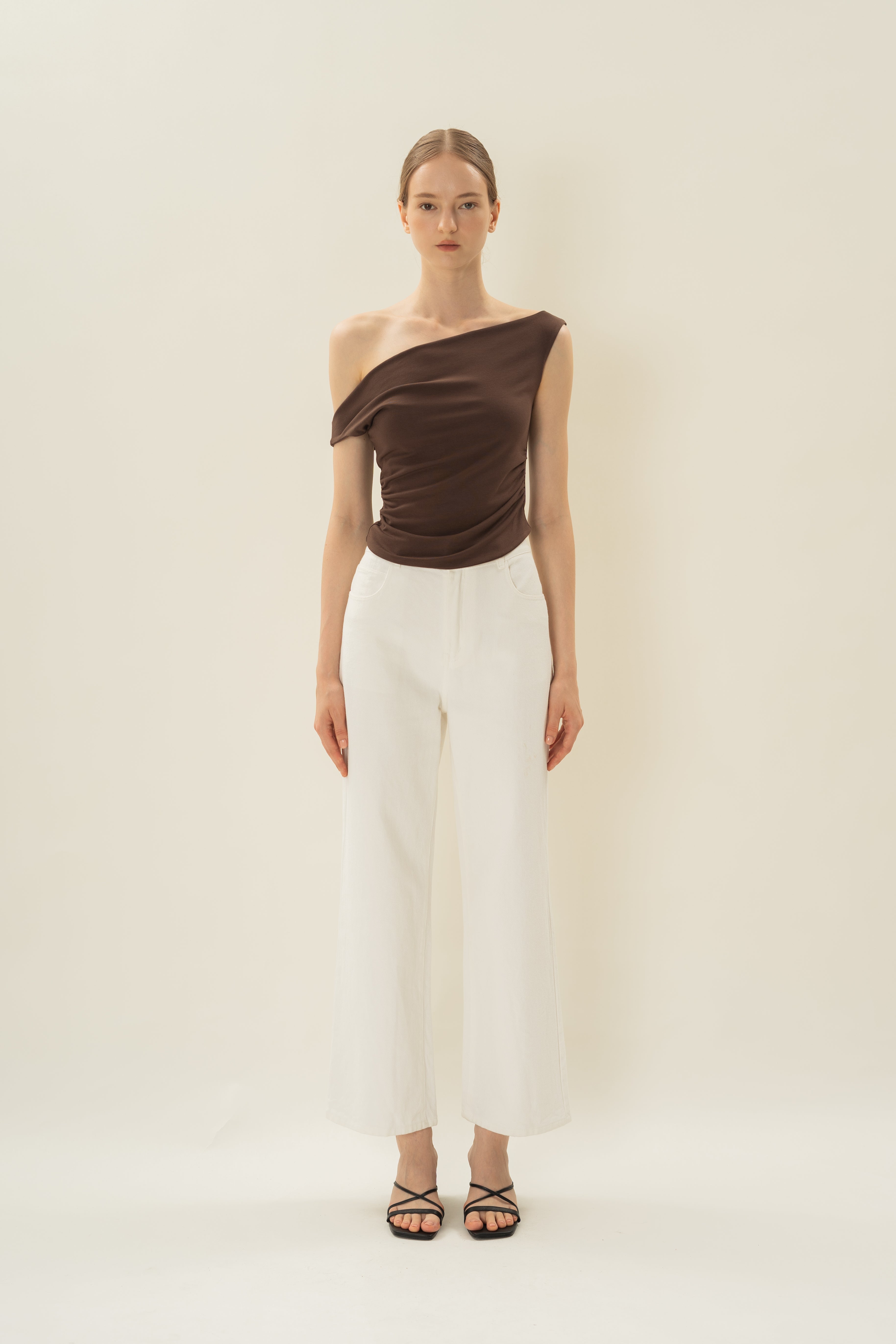 Off Shoulder Ruched Waist Top in Umber