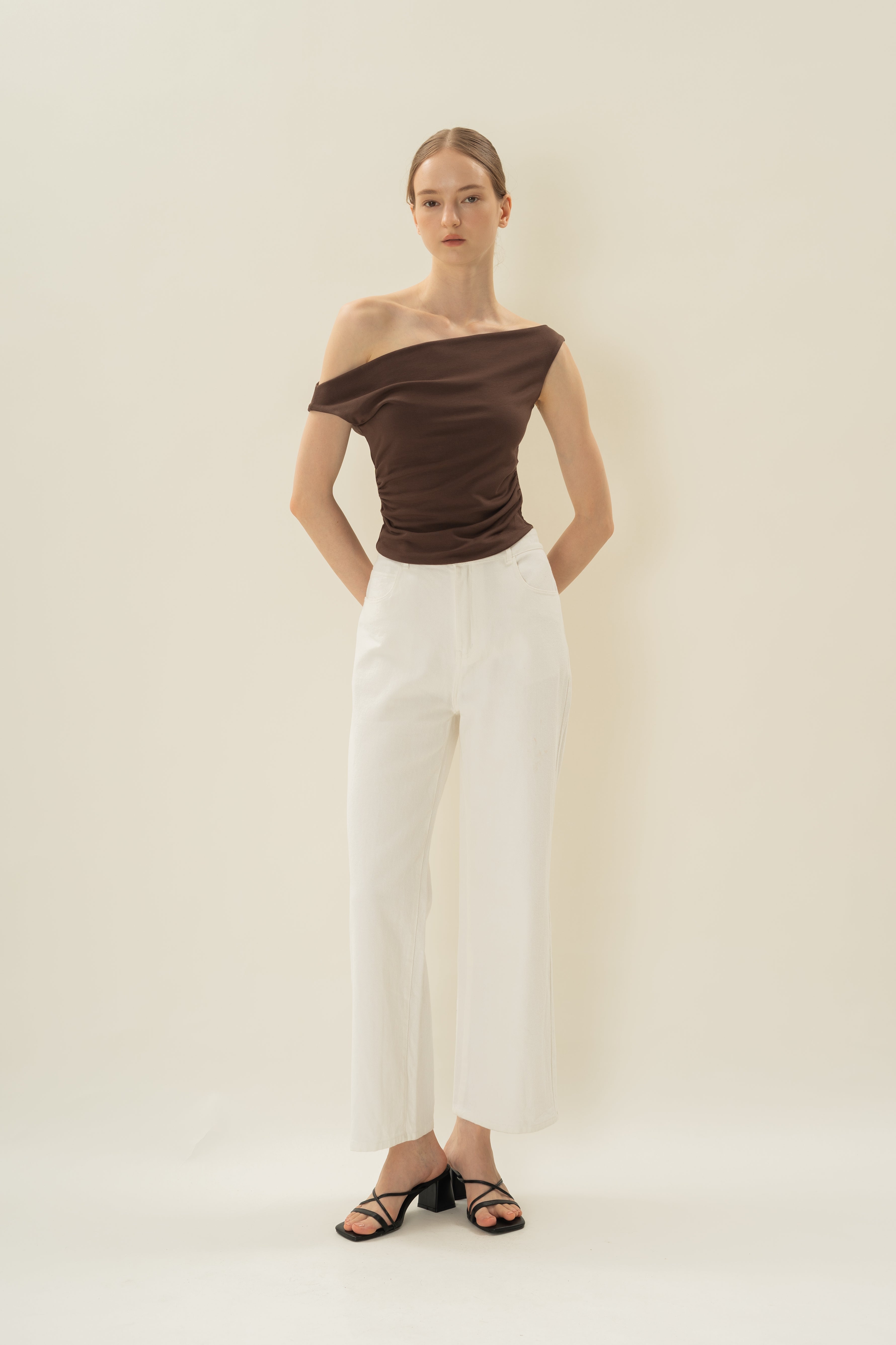 Off Shoulder Ruched Waist Top in Umber