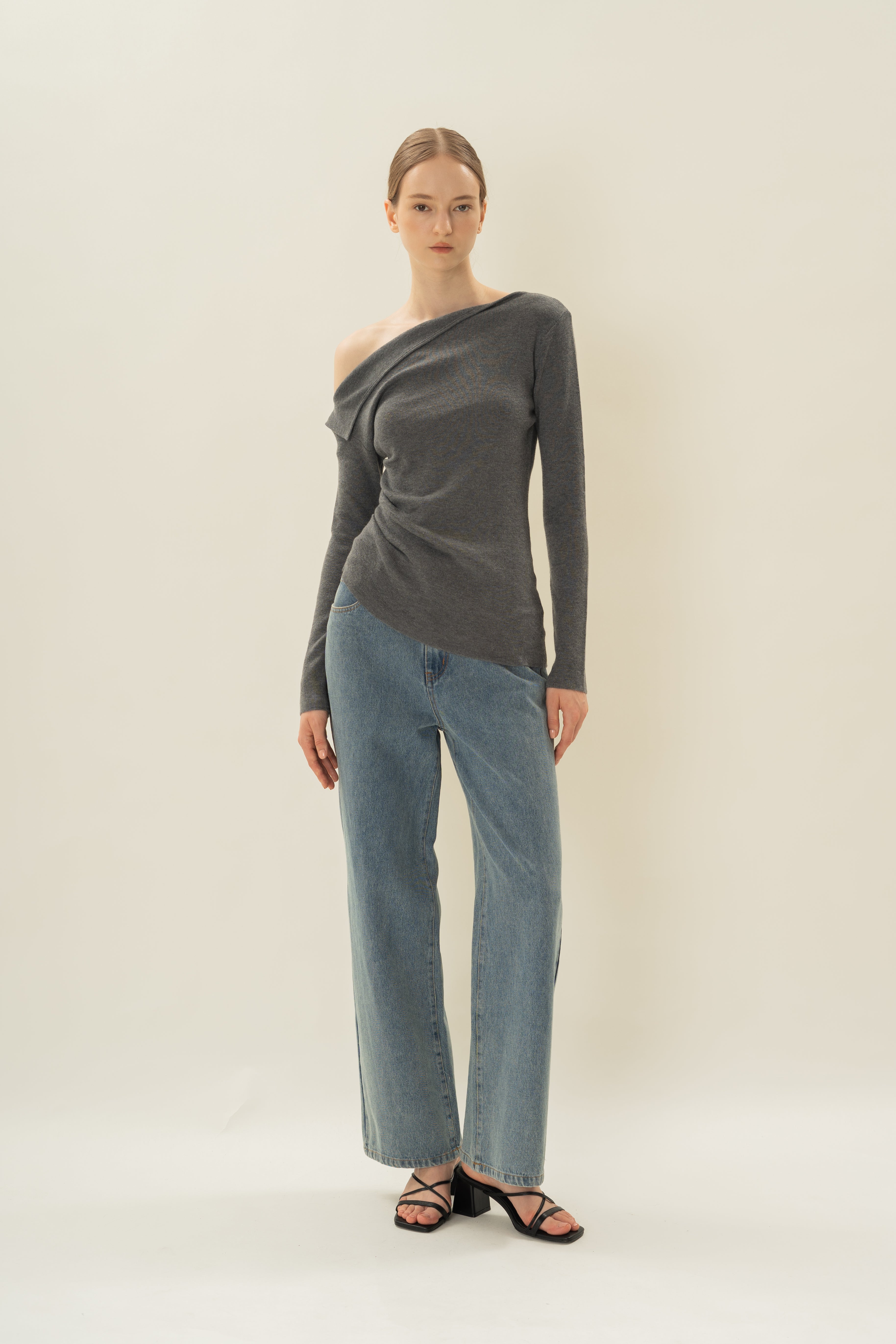 Foldover Neckline Long Sleeve Knit Top in Stone Grey